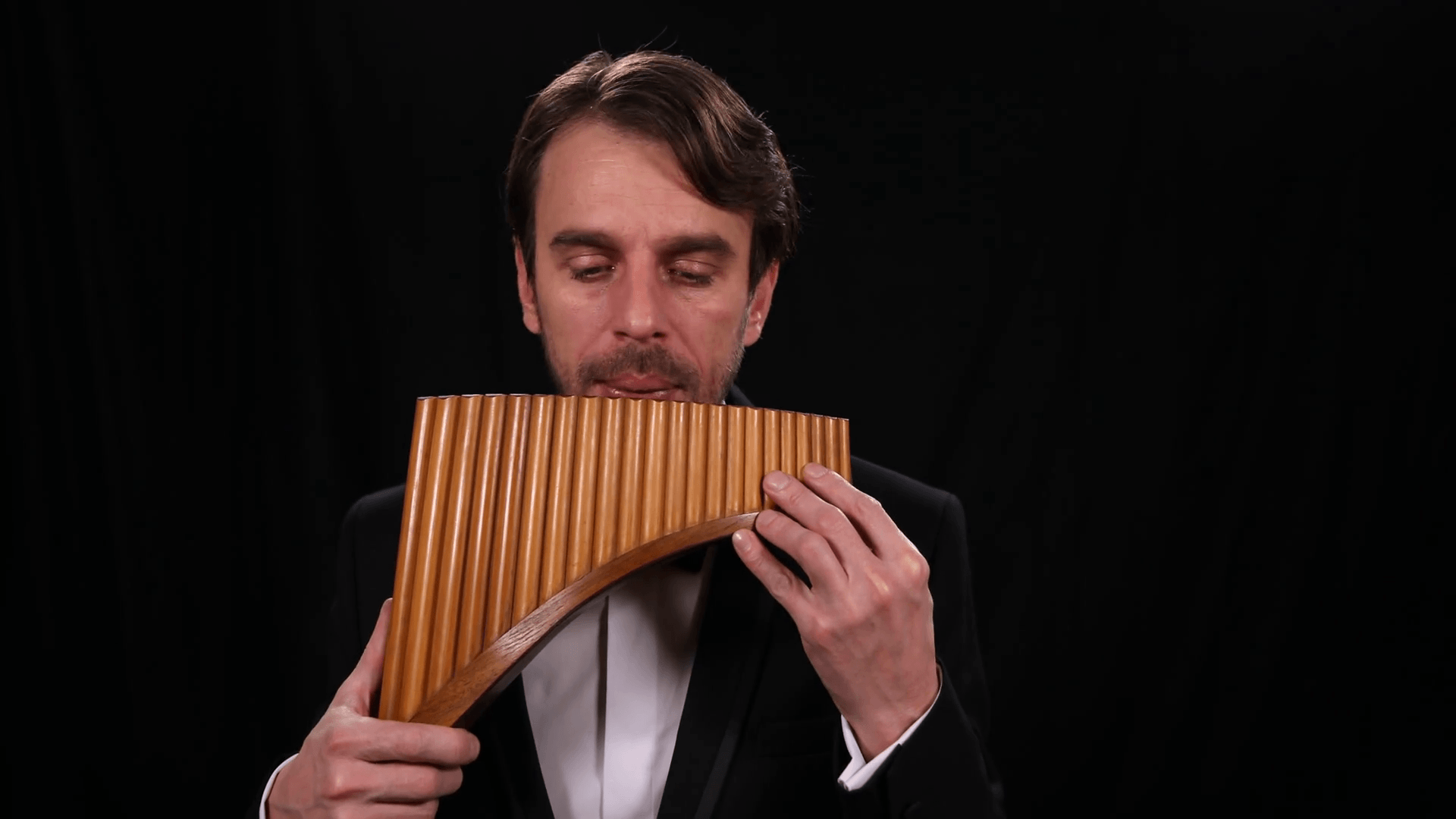 Talented Musician Play Pan Flute Romanian Instrument Man Performing