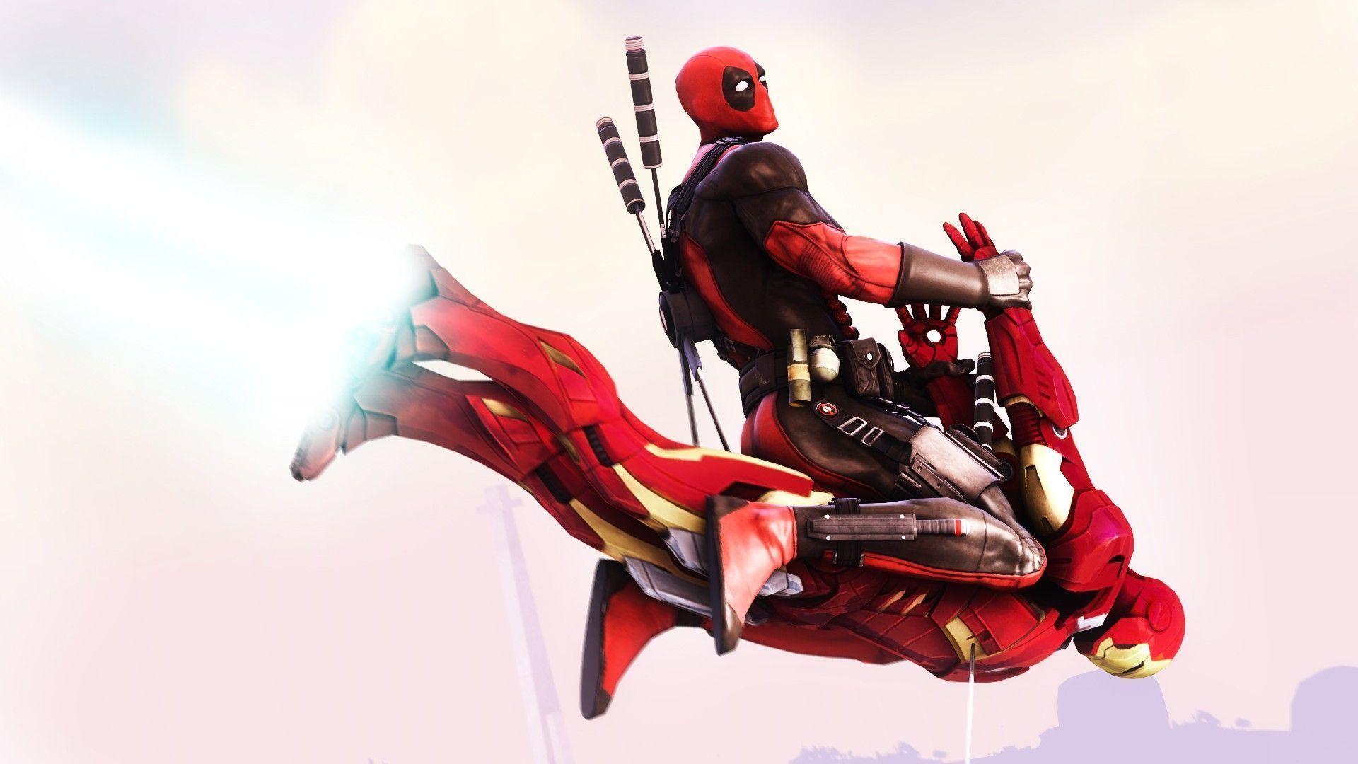 Deadpool flying on Iron Man Wallpapers #