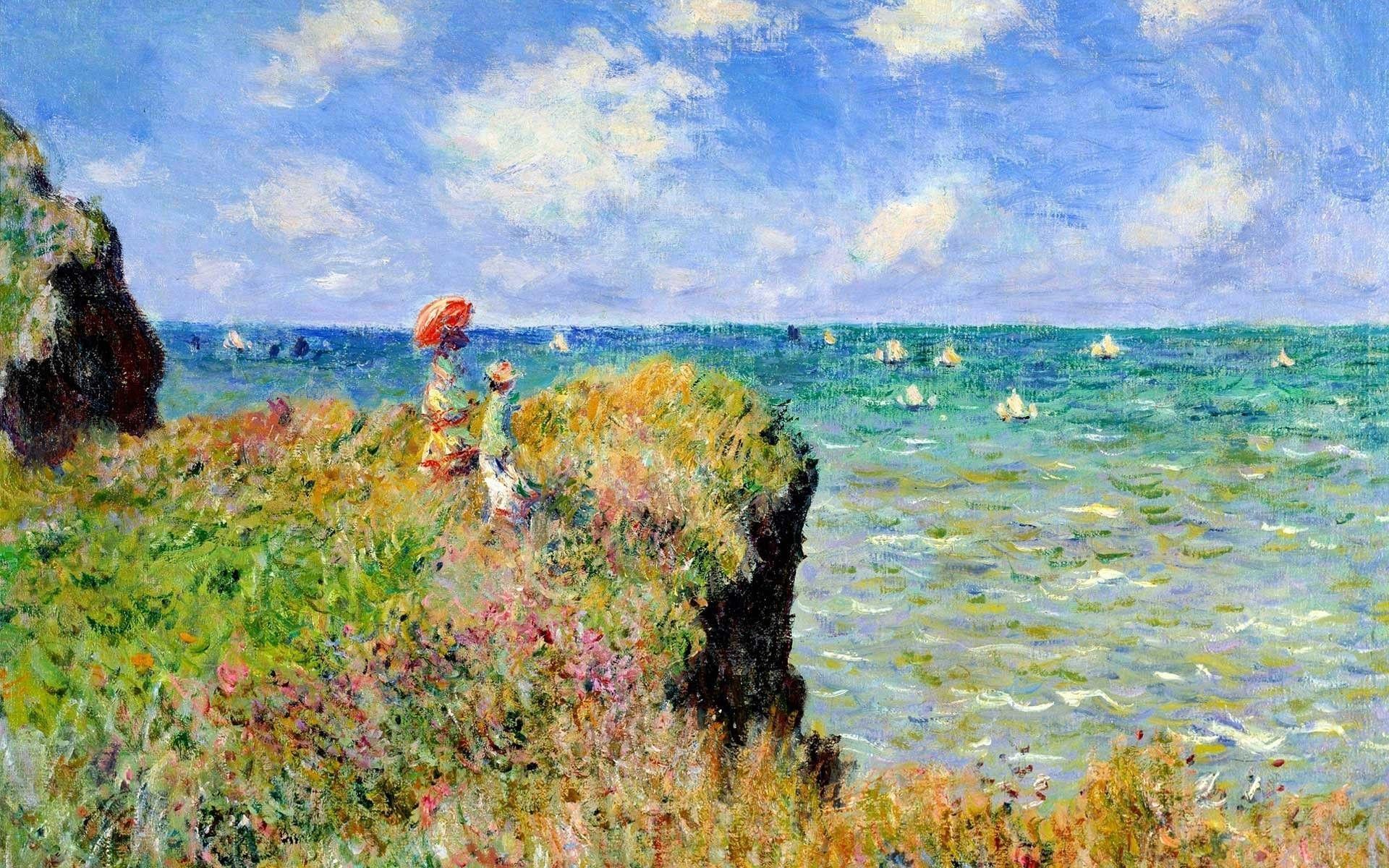 Claude Monet, Painting, Sea, Cliff, France, Parasol, Classic art