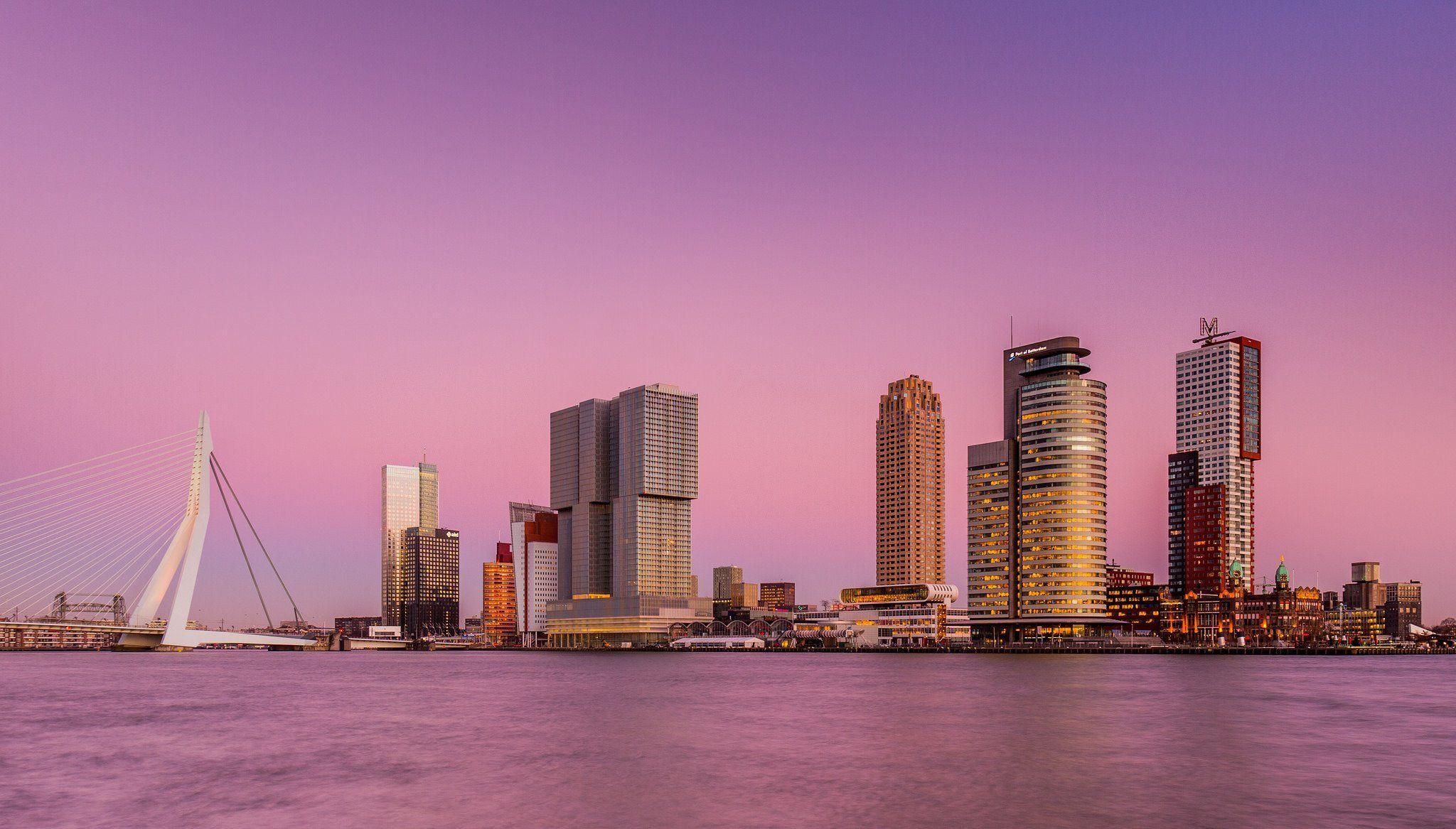 the netherlands rotterdam town skyscraper bridge river pink sky HD