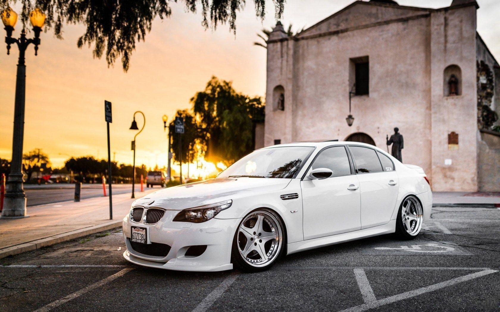 White BMW M5 Parked Outside Church City HD Wallpapers