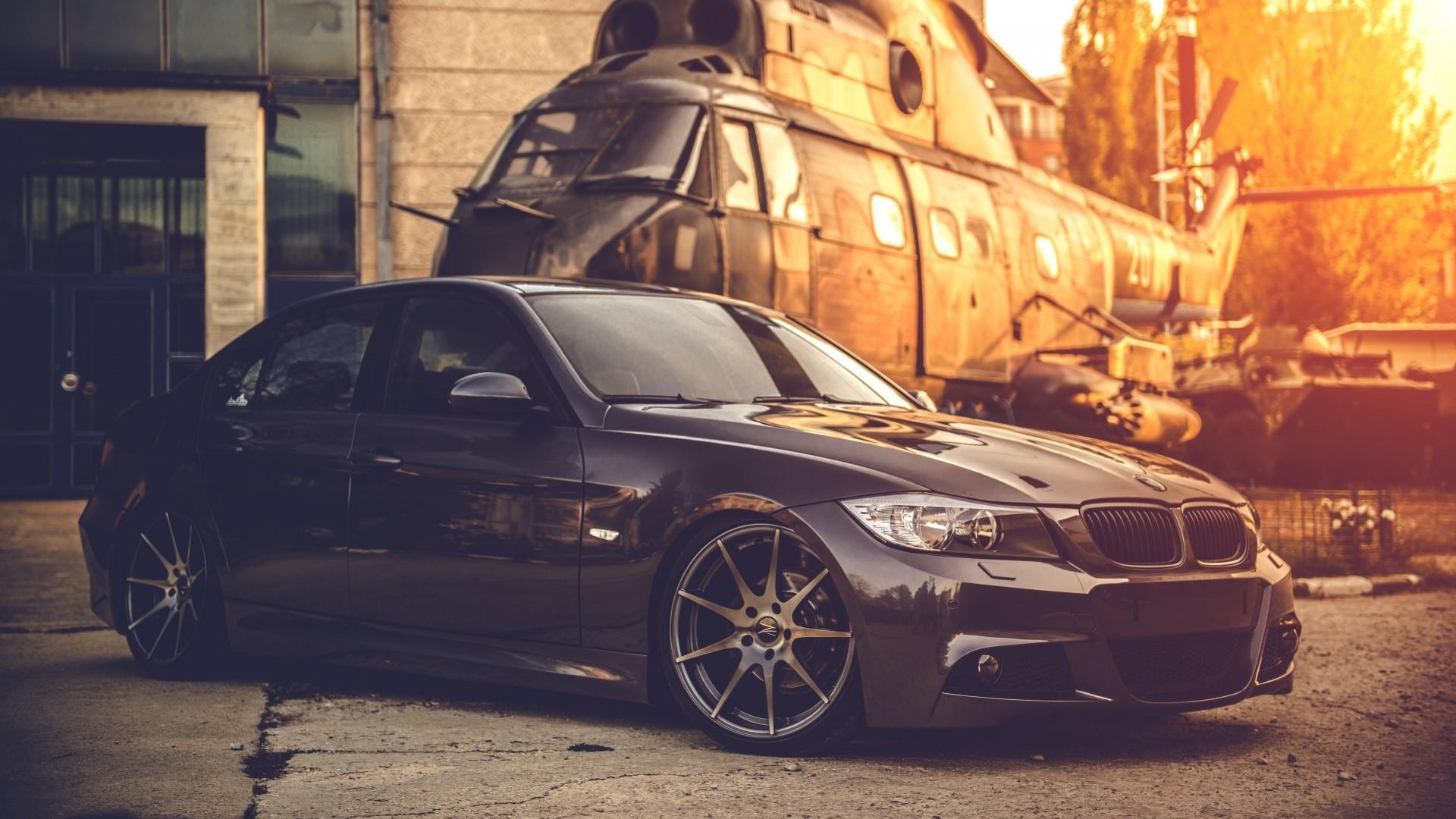 Black BMW E90 With A Helicopter Wallpapers