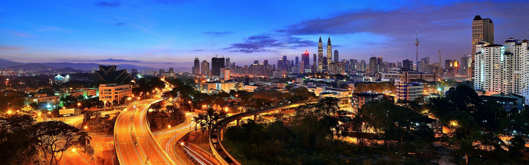 Cityscapes highways Malaysia city lights panorama Kuala Lumpur