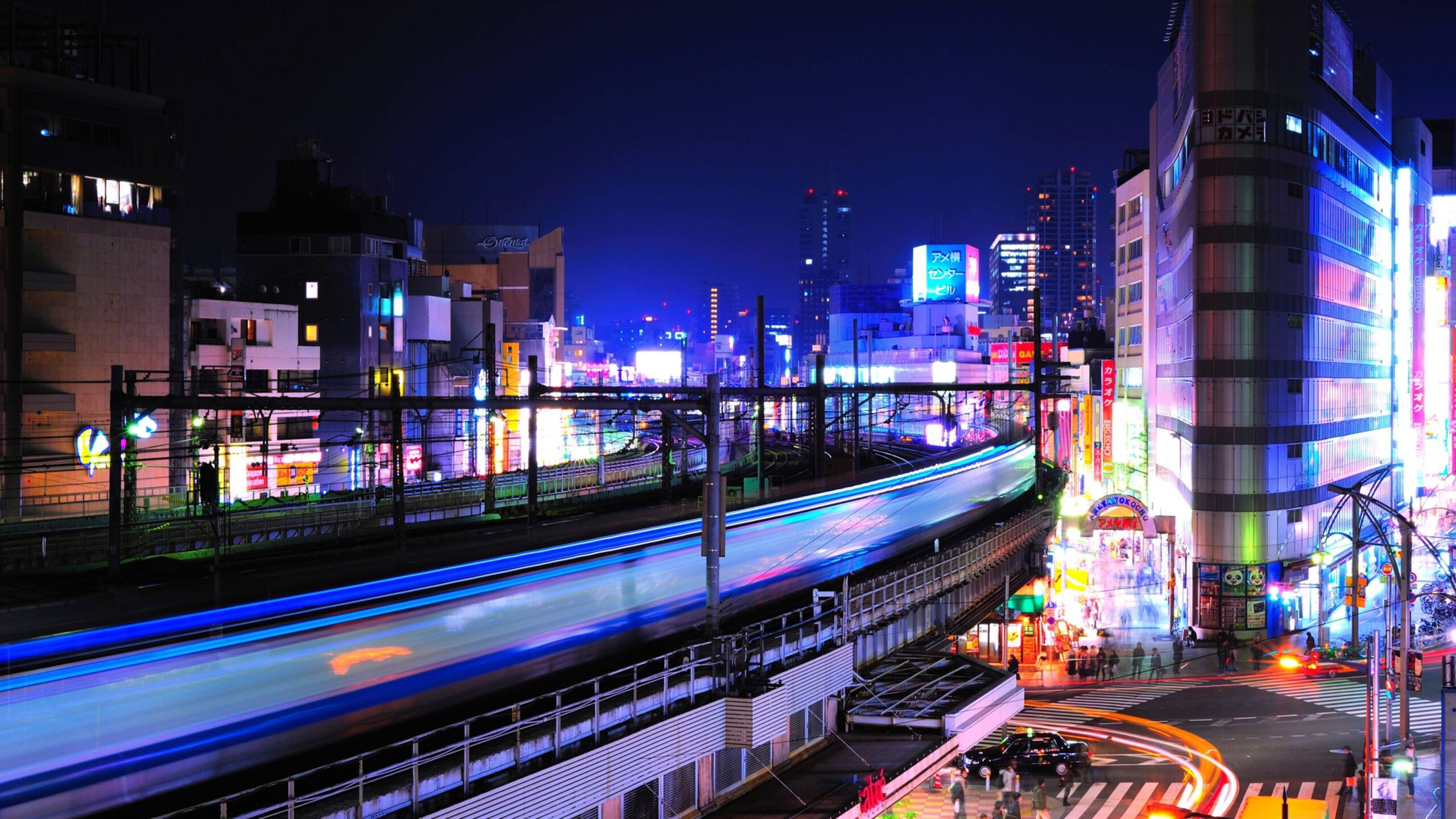 Download Wallpapers night, lights, buildings, railway