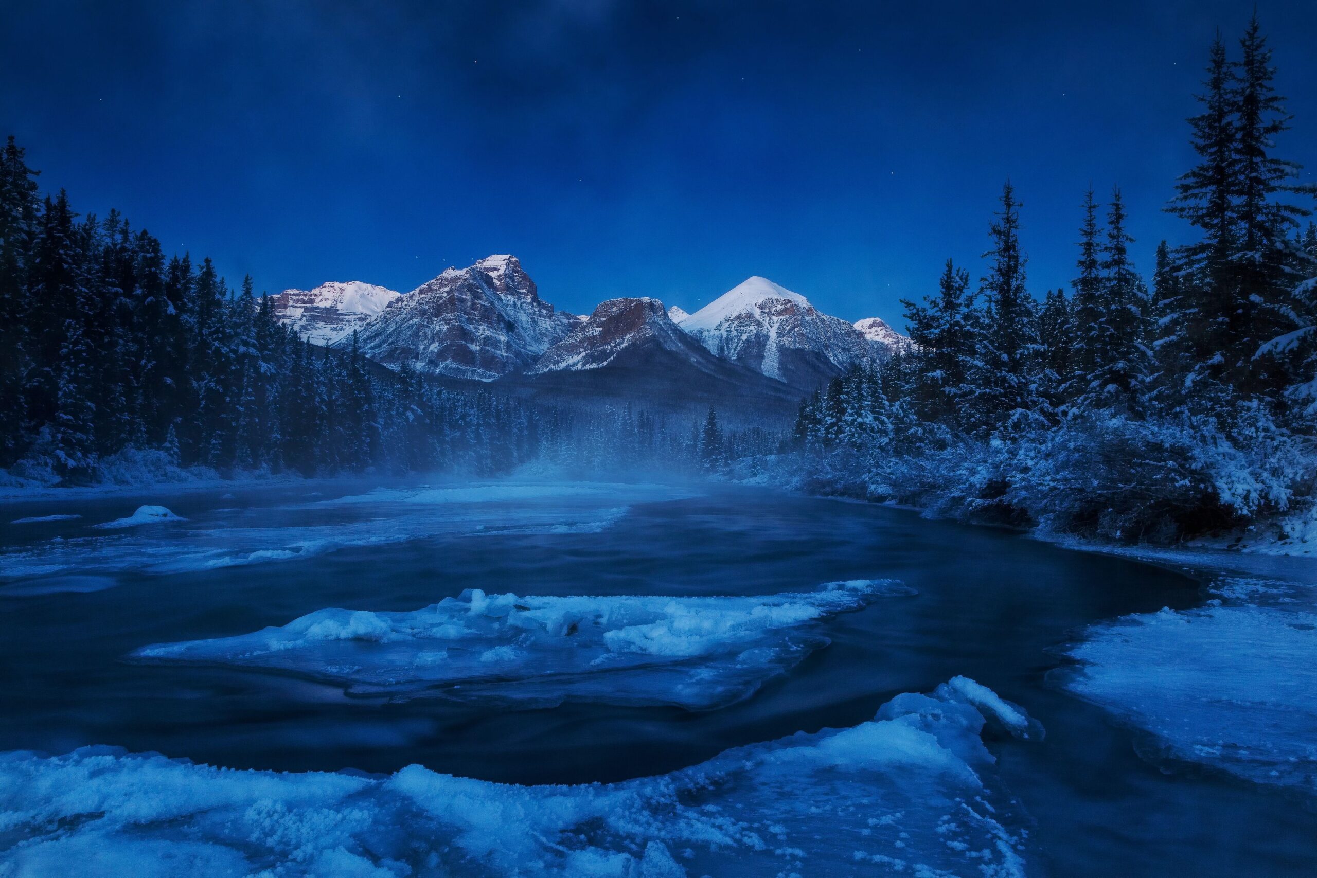 firs, winter, landscape, snow, river, Canada :: Wallpapers