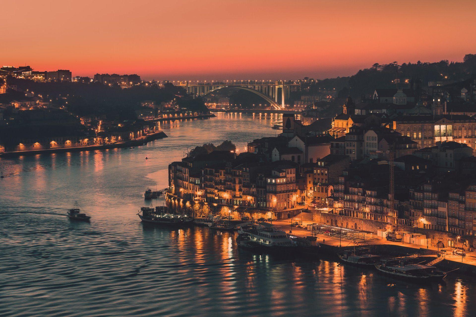 portugal town porto night lights river channel bridge HD wallpapers