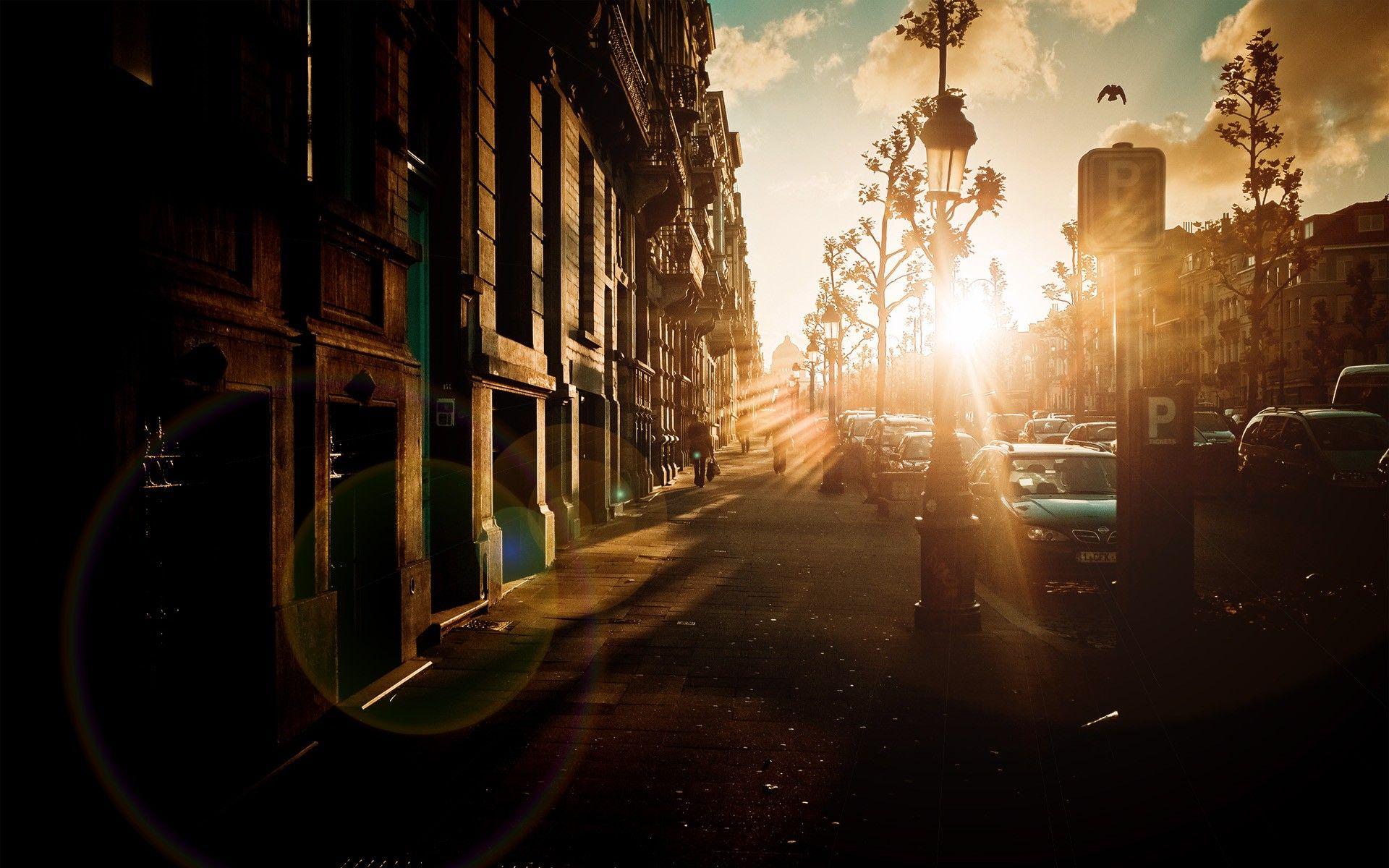 sunset cityscapes streets urban sunlight Belgium Brussels