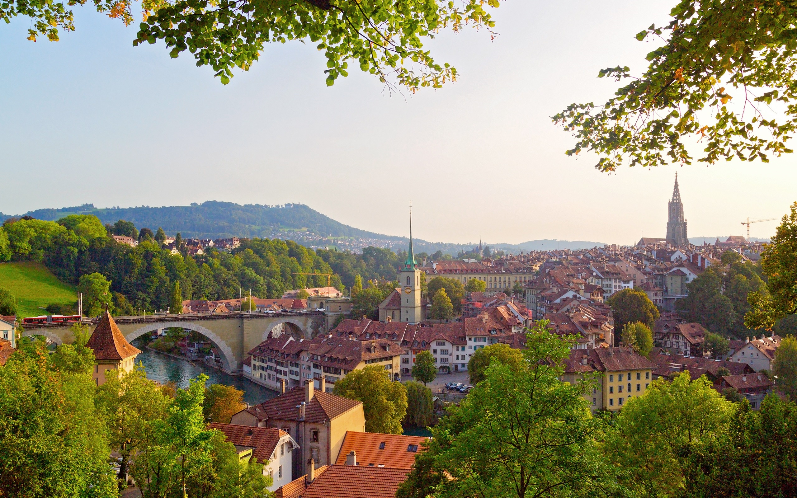 Wallpapers Bern, Switzerland, city, river, bridge, trees, houses