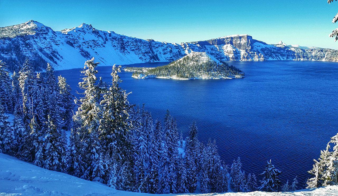 Image USA Crater Lake National Park Nature Spruce Winter Snow Parks