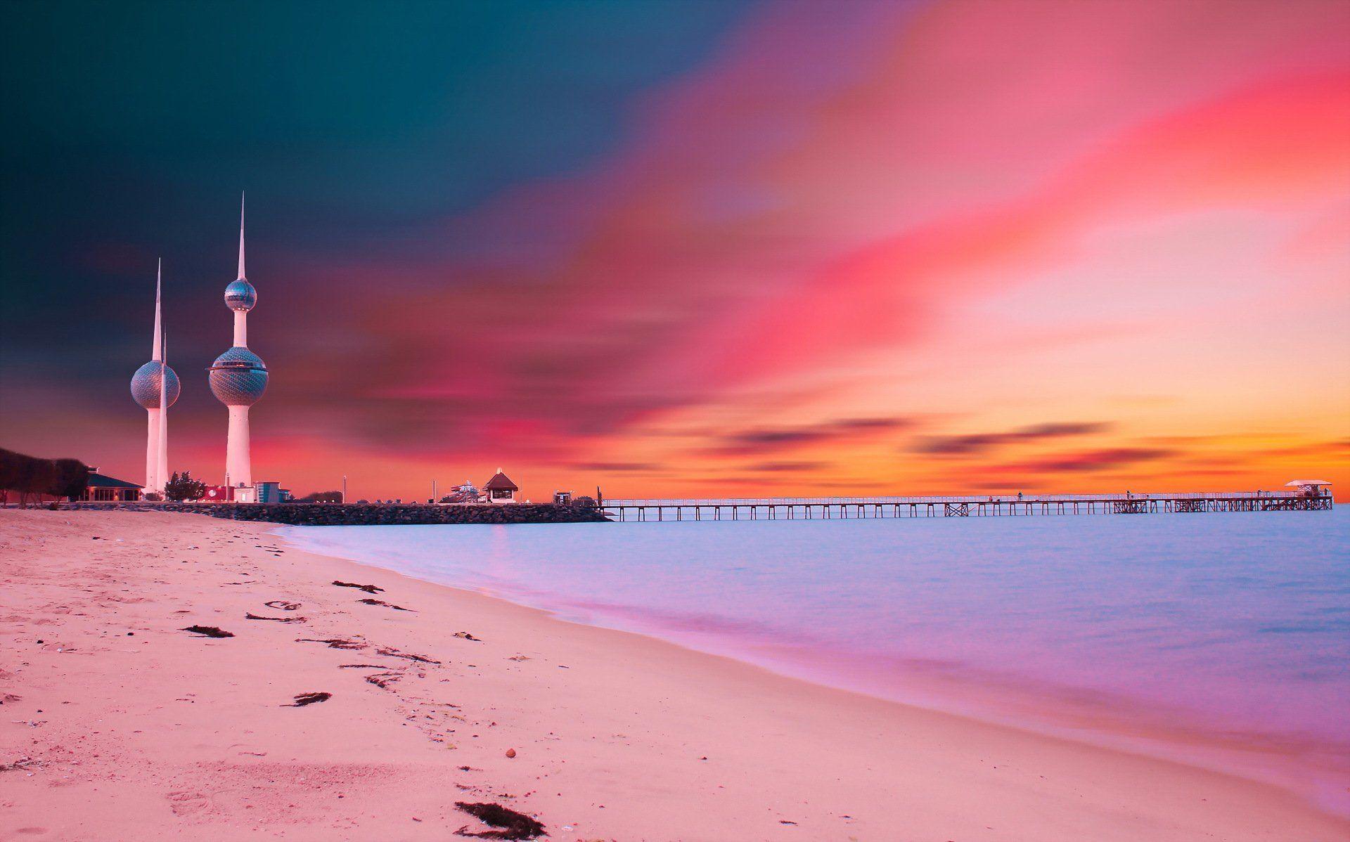 kuwait towers sunset landscape bridge HD wallpapers