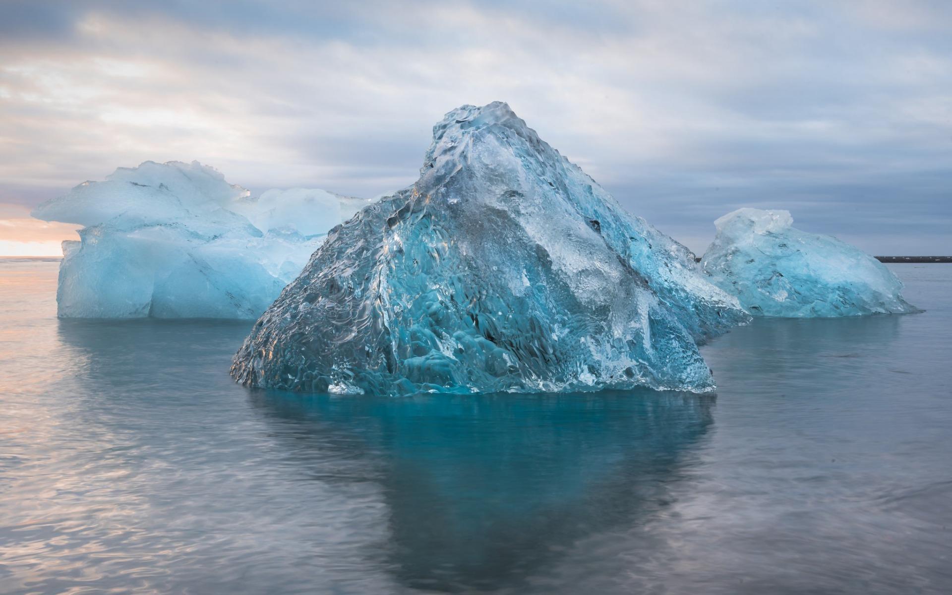 Download wallpapers Icebergs, Antarctica, sunset, sea, south pole