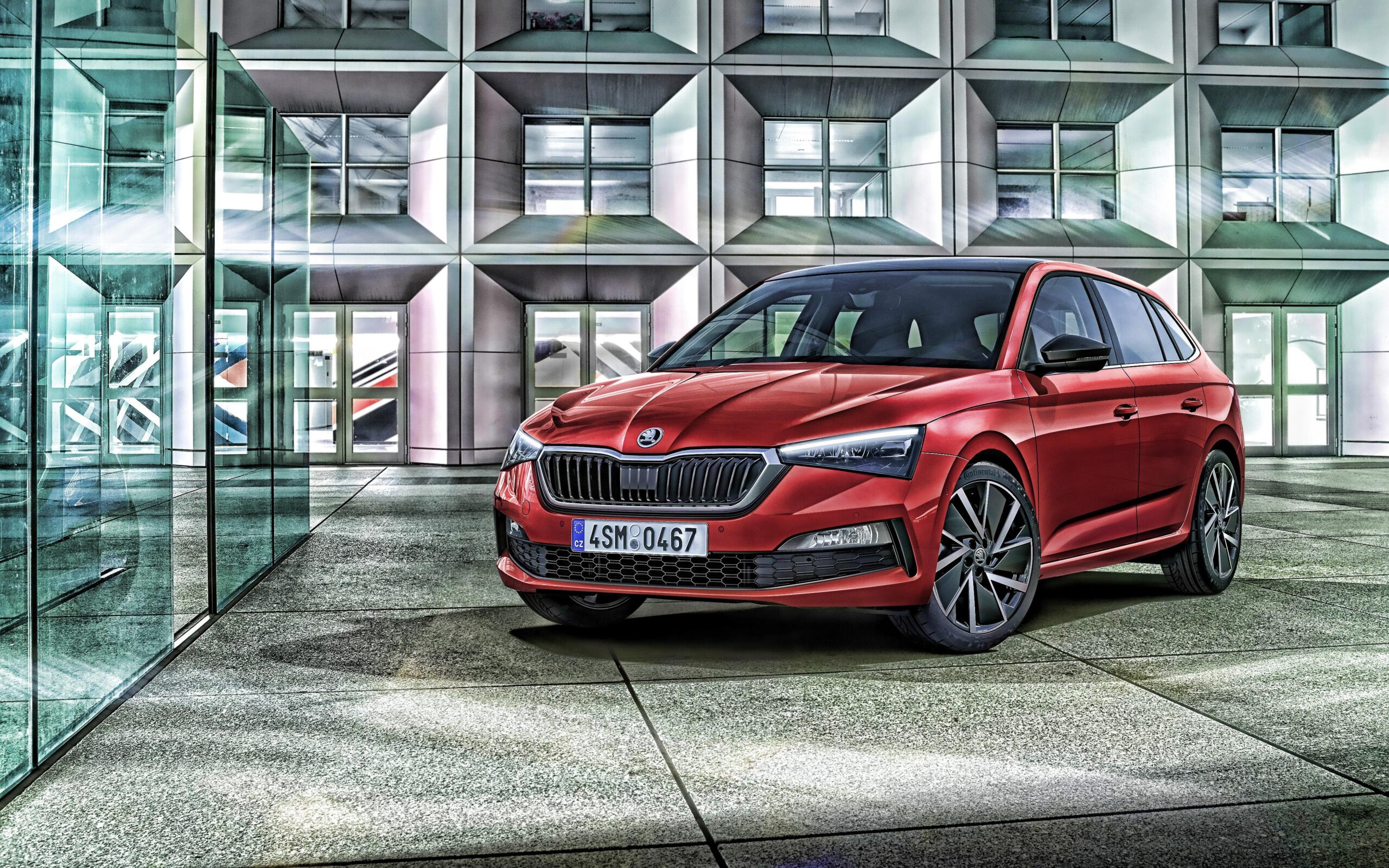 Download wallpapers Skoda Scala, 2019, 4k, red hatchback, front view