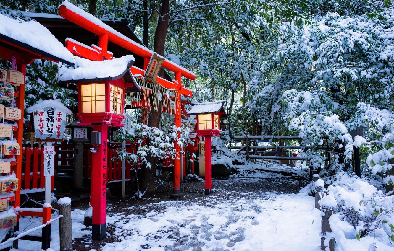 Wallpapers winter, snow, Japan, lights, temple, Japan, the gates