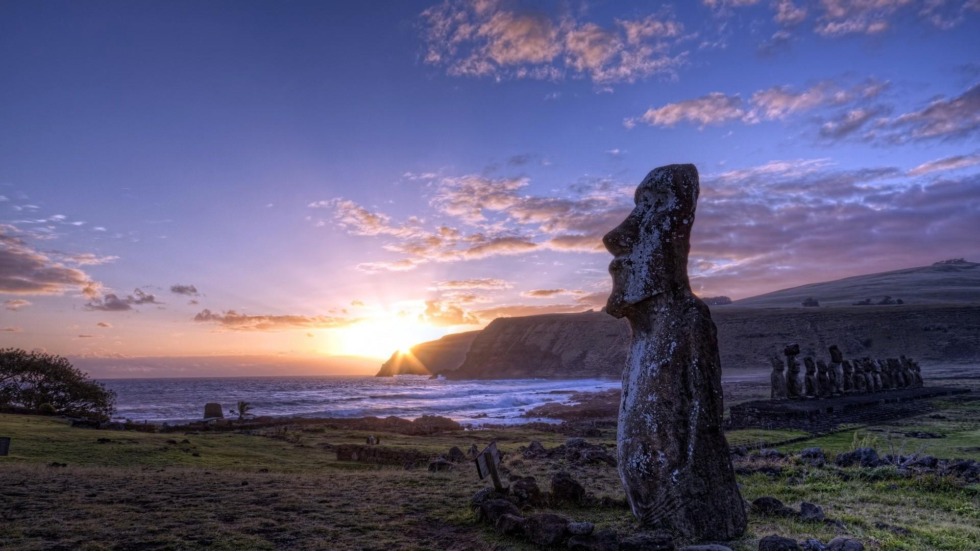 nature sunset landscape statue moai easter island wallpapers and