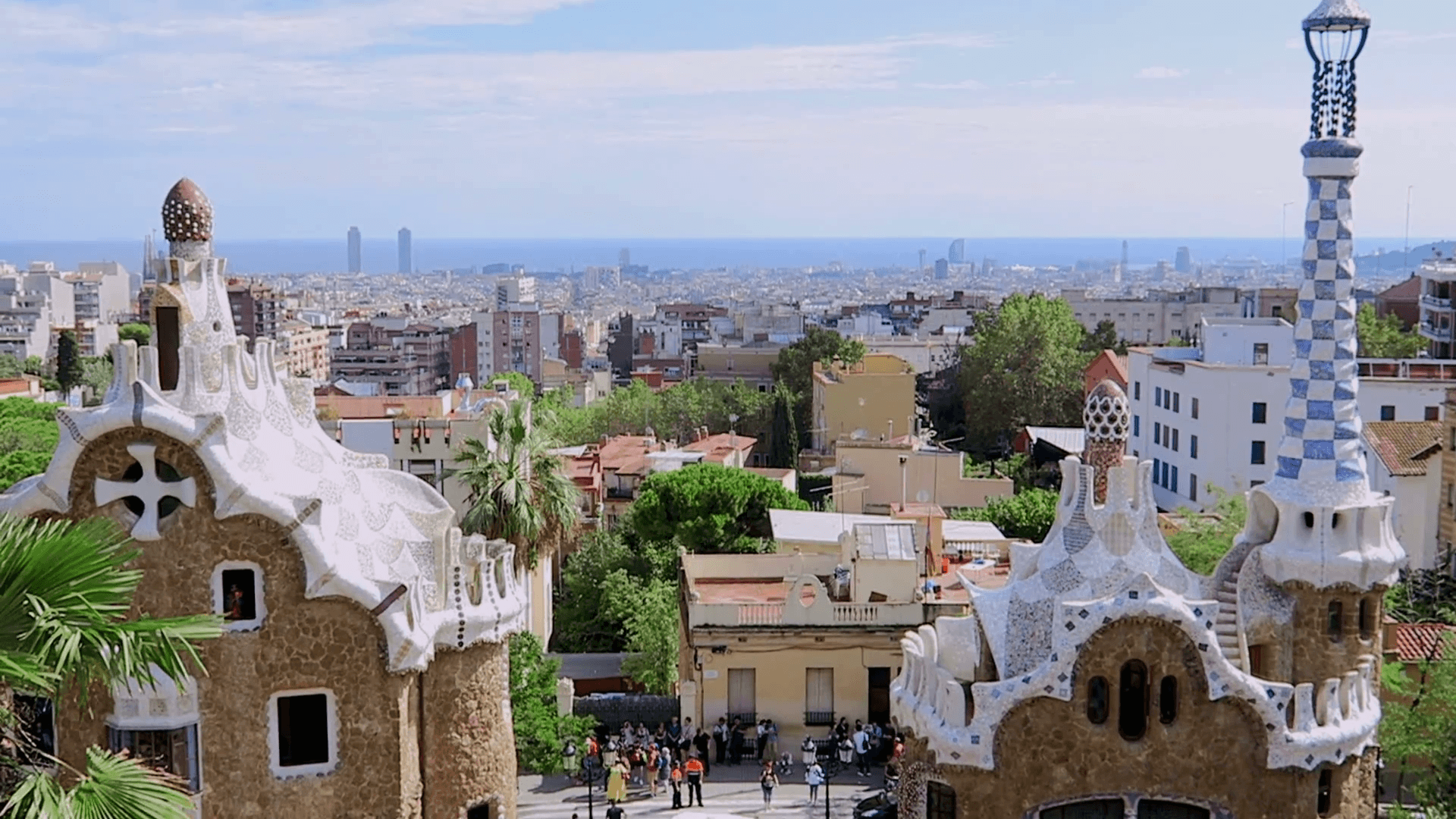 Barcelona, Spain Park Guell entrance tourists. View of Barcelona