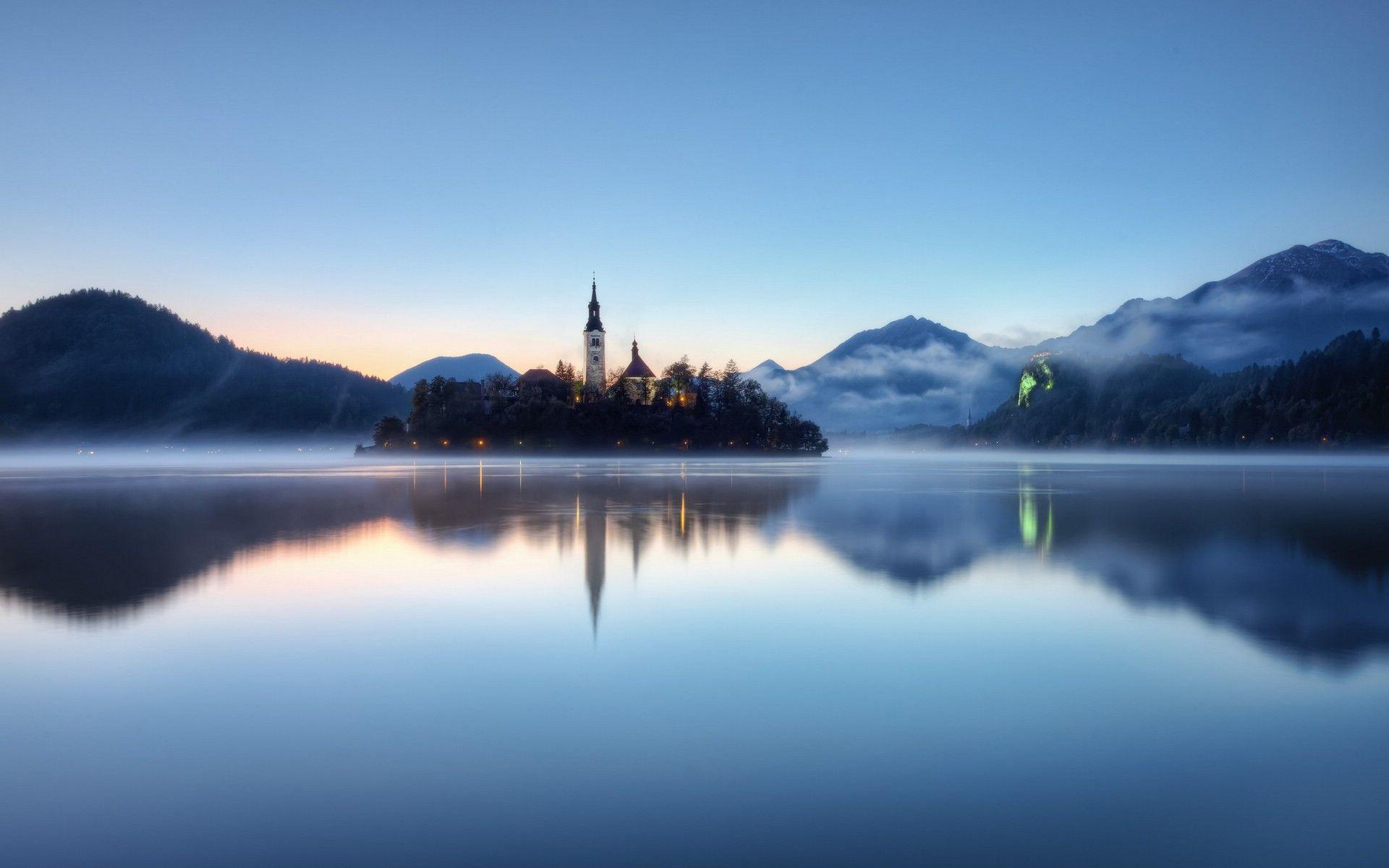 lake, Tower, Slovenia, Landscape, Calm, Sunset, Hill, Lake Bled