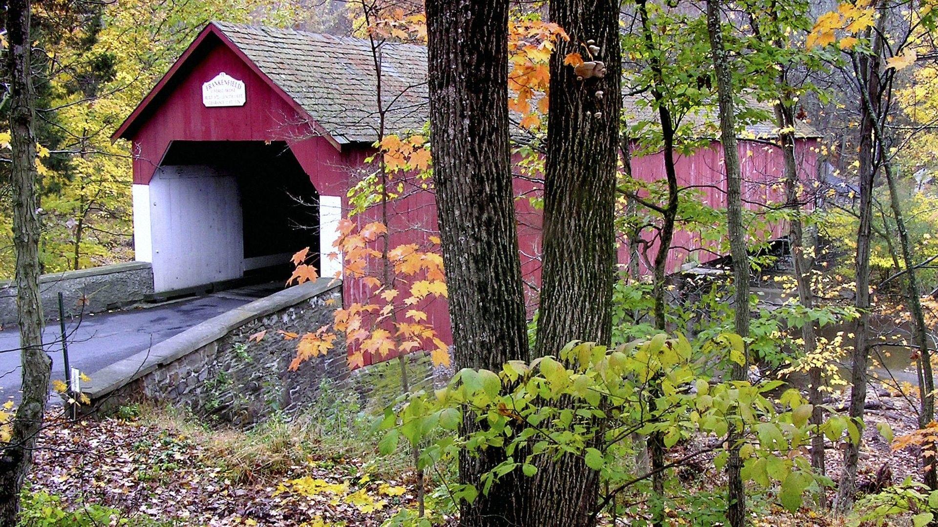 Bridges: Frankenfield Covered Bridge Tinicum Pennsylvania Trees