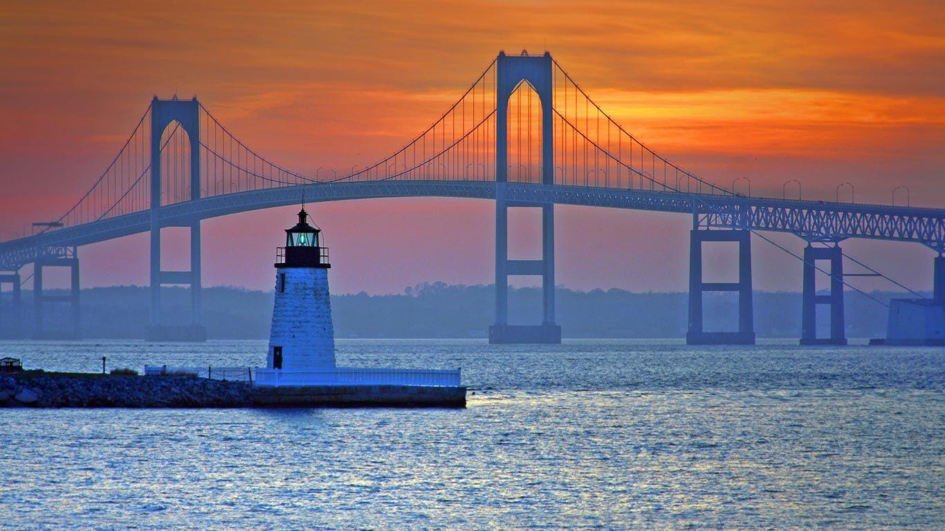 Claiborne Pell Newport Bridge and Newport Harbor Light in Newport