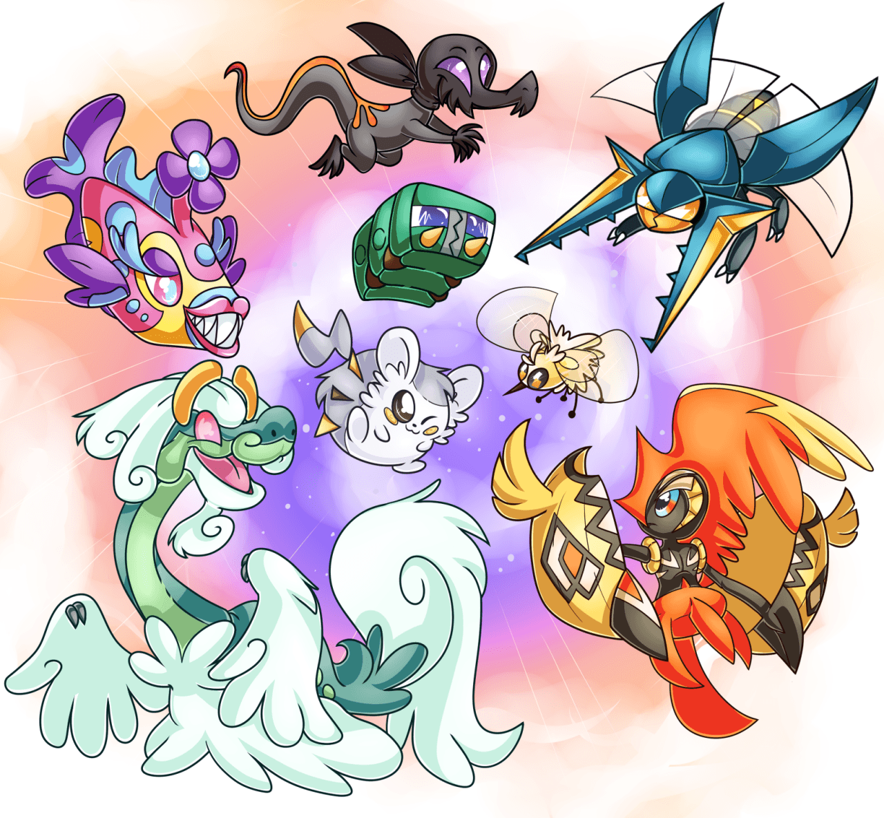 Bruxish, Salandit, Vikavolt, Charjabug, Togedemaru, Cutiefly, Drampa