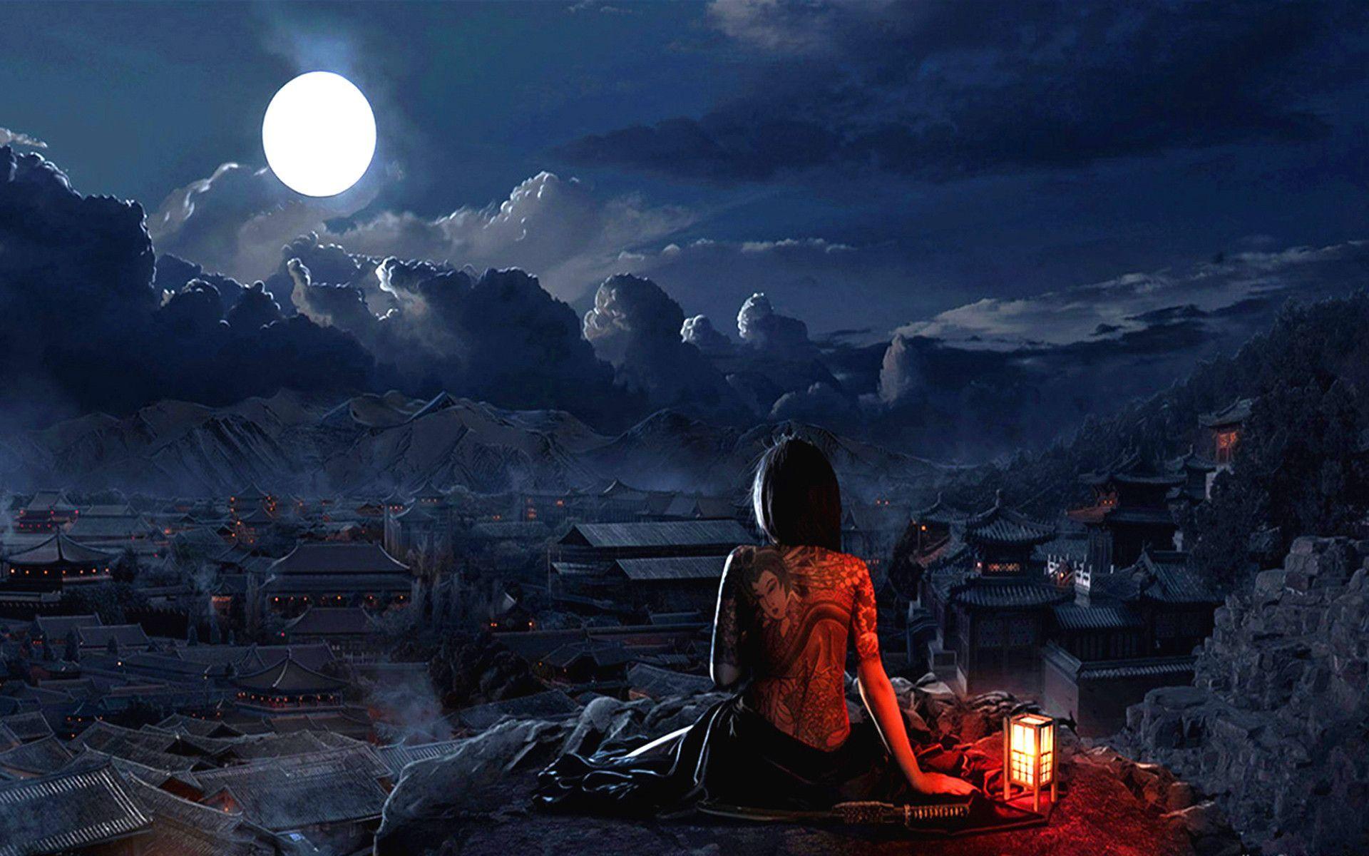 Girl With Tatto Full Moon Wallpapers Wallpapers