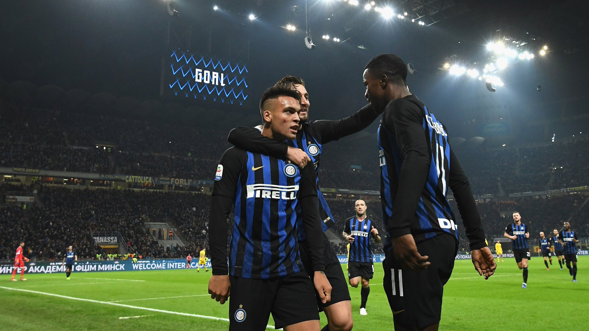 Inter players celebrate Lautaro Martínez’ goal in their 3