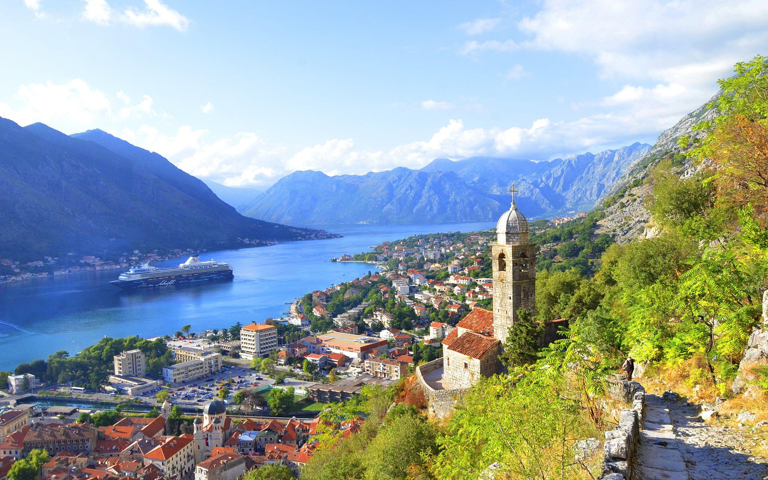 Kotor Bay, Montenegro, river, mountains, city, houses, clouds