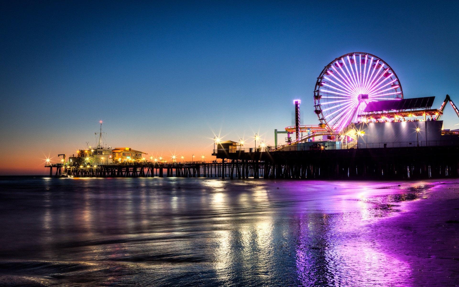 Wallpapers Santa Monica, pier, ferris wheel, night, lights, sea