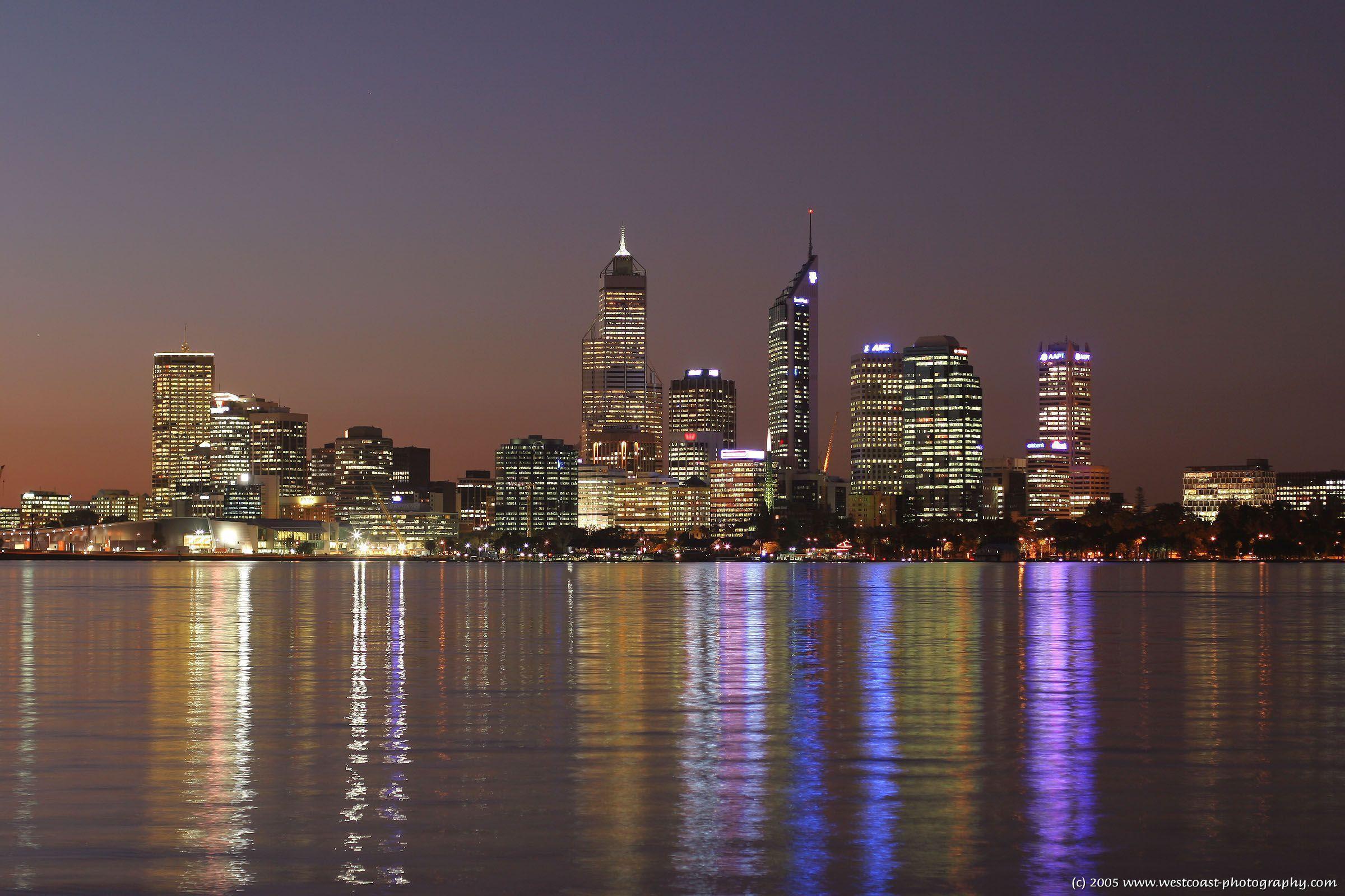 perth night lights water reflection buildings