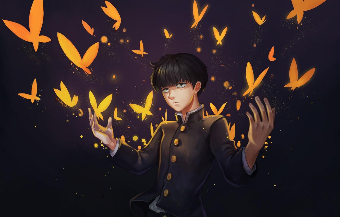 Wallpapers butterfly, anime, art, guy, Mob Psycho 100, Kageyama