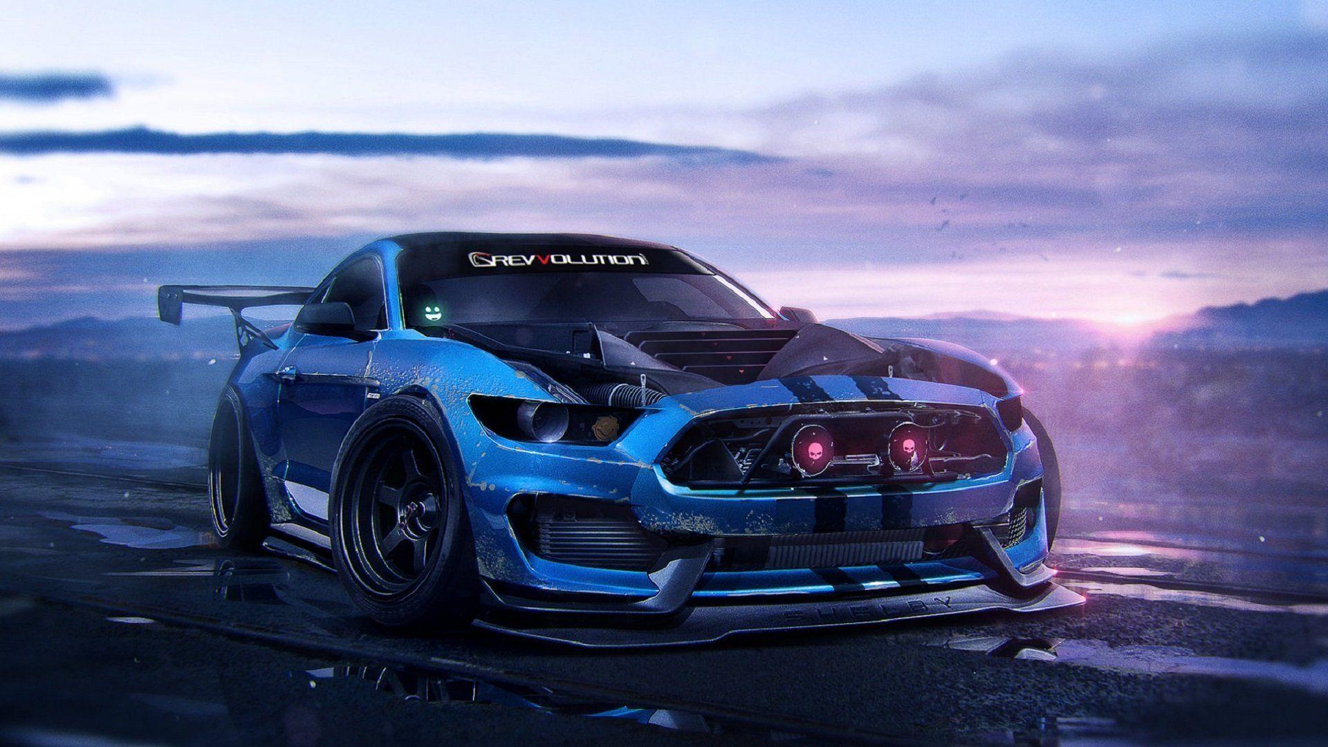 ford mustant shelby gt350 2015 blue muscle car art by khyzyl