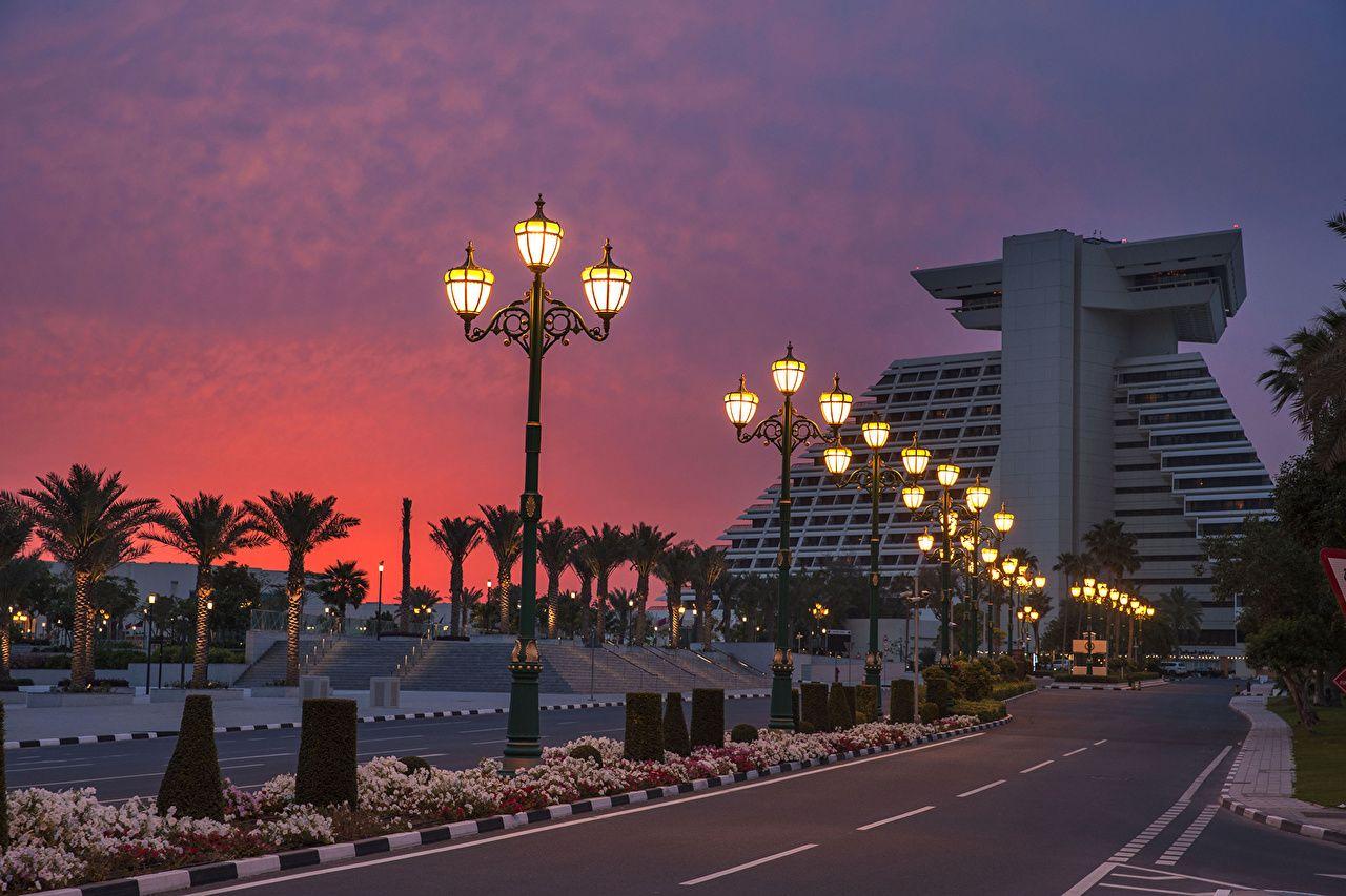 Wallpapers Doha Qatar Roads Night Street lights Cities Building