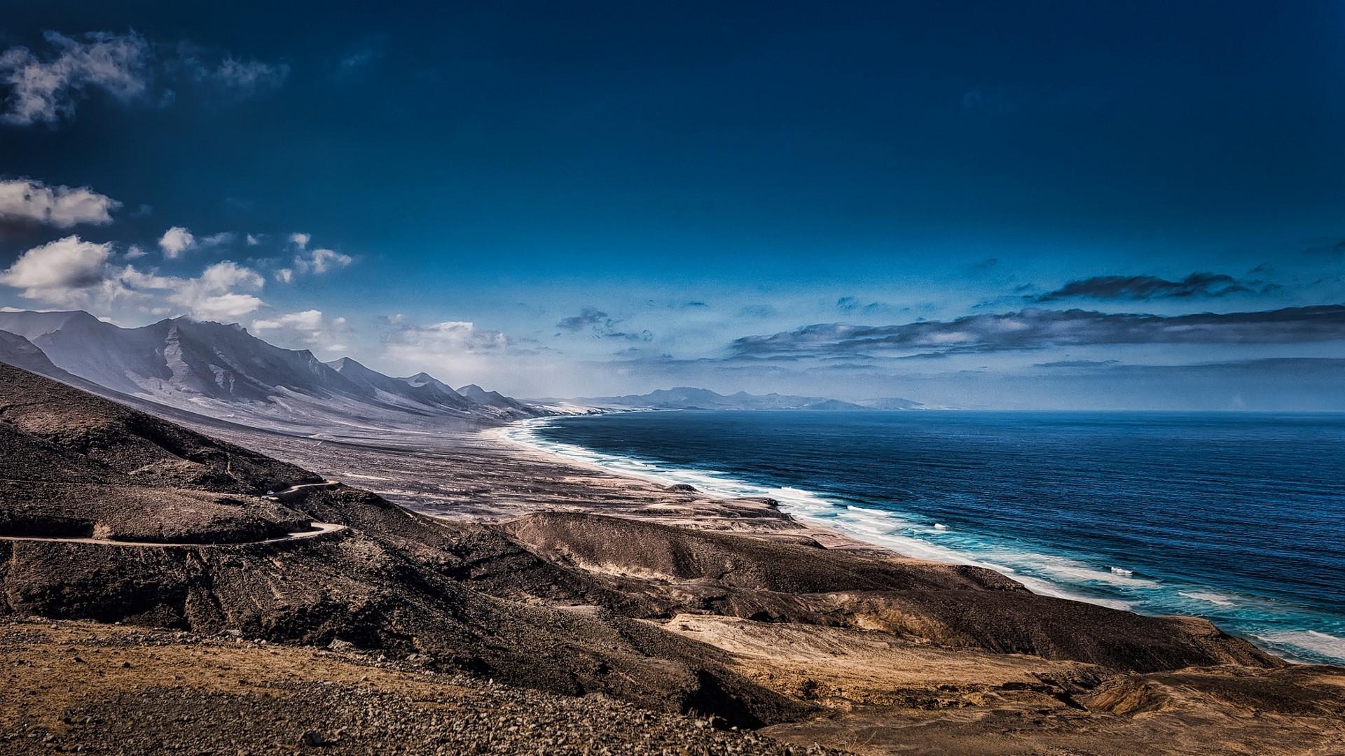 nature, Landscape, Beach, Sea, Mountain, Clouds, Dirt Road, Canary