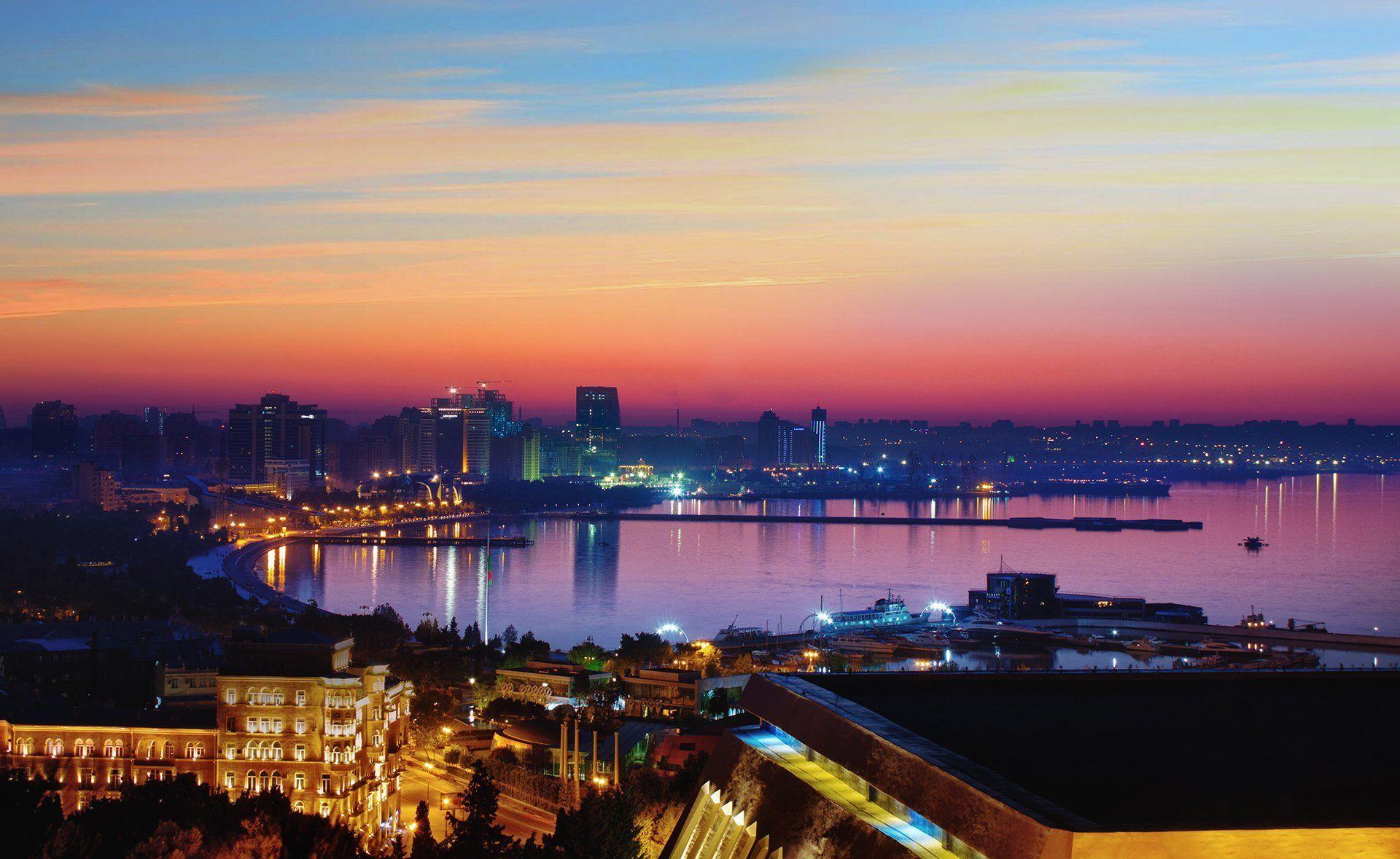 sunrise sky town sea baku HD wallpapers