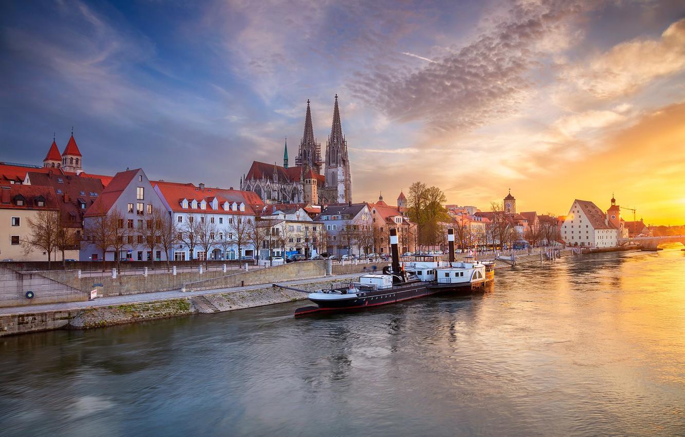 Wallpapers the sky, sunset, river, building, home, Germany, Bayern