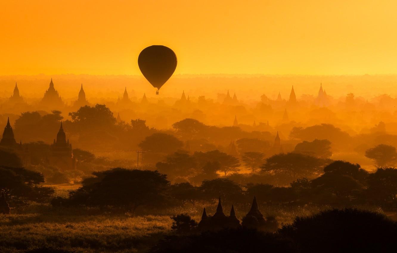 Wallpapers trees, balloon, architecture, silhouettes, temples