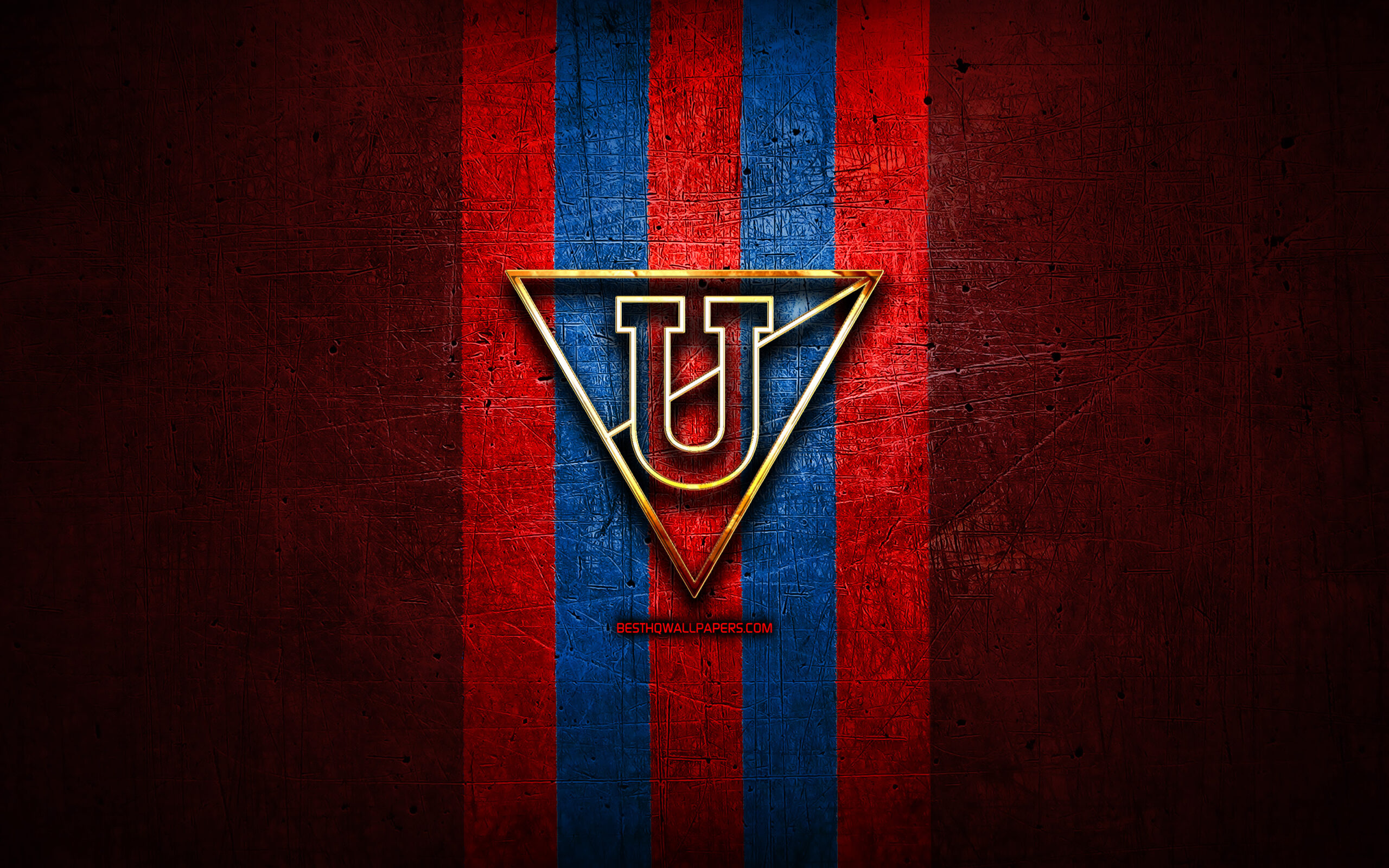 Download wallpapers LDU Quito FC, golden logo, Ecuadorian Serie A, red metal background, football, LDU Quito, Ecuadorian football club, LDU Quito logo, soccer, Ecuador for desktop with resolution . High Quality HD