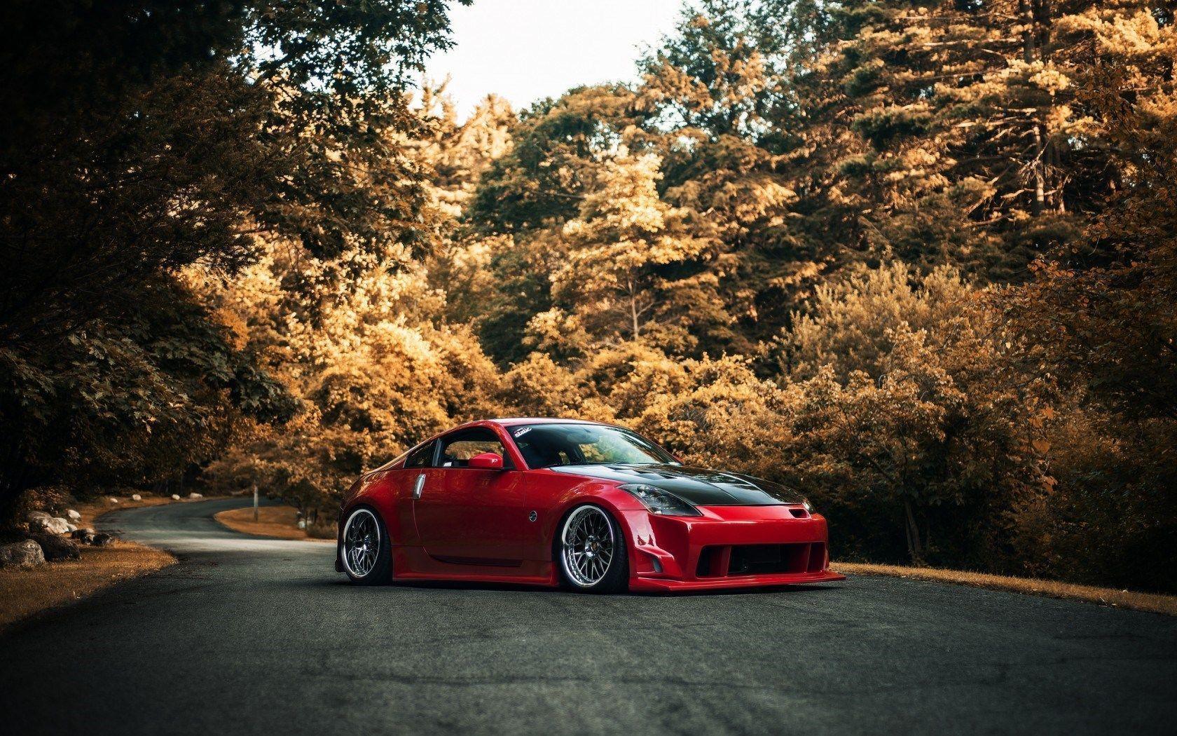 Red Nissan 350z Car Tuning Fall Forest Street HD Wallpapers