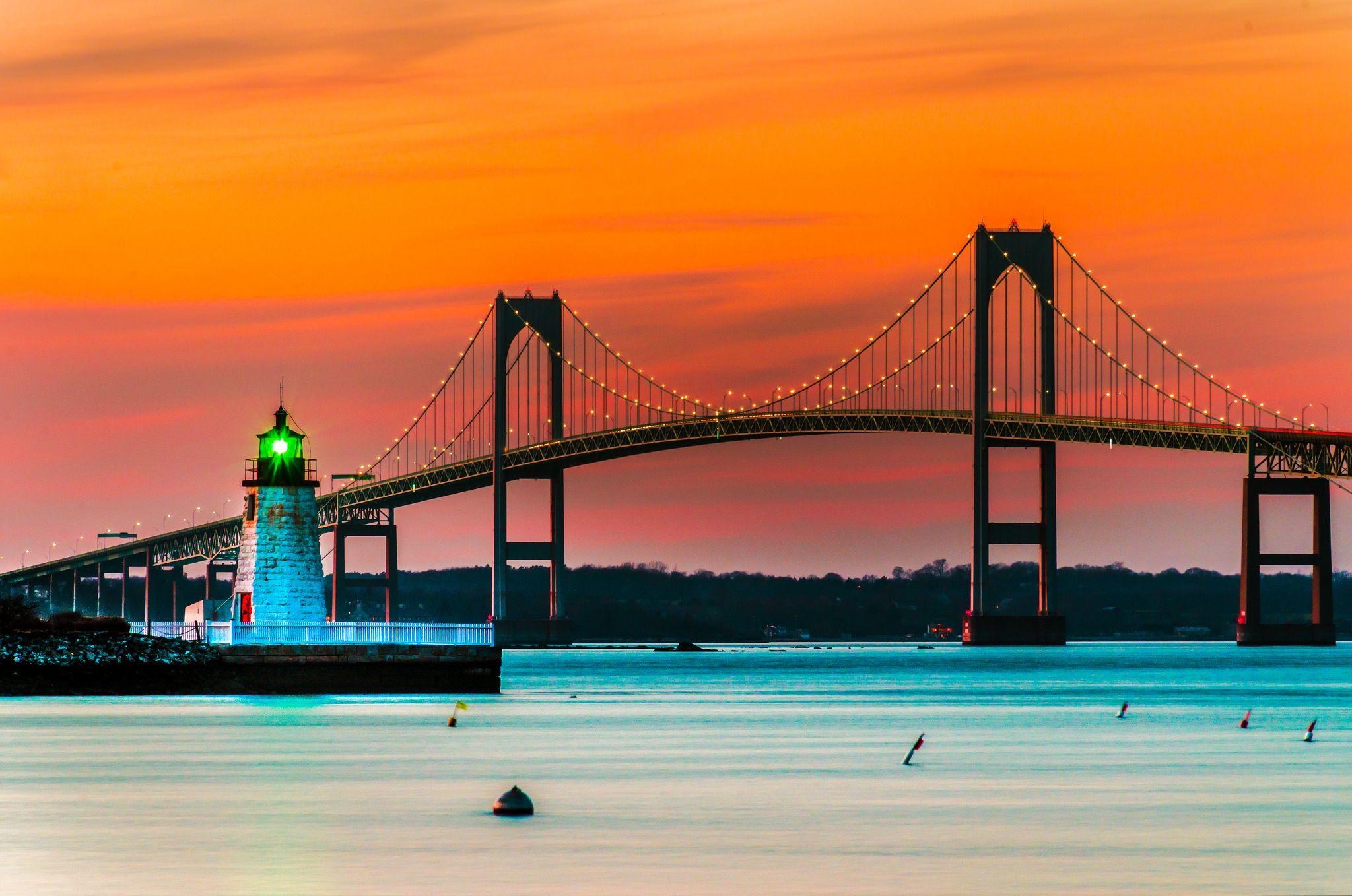 Sunset over Lighthouse and Bridge in Newport, Rhode Island Full HD