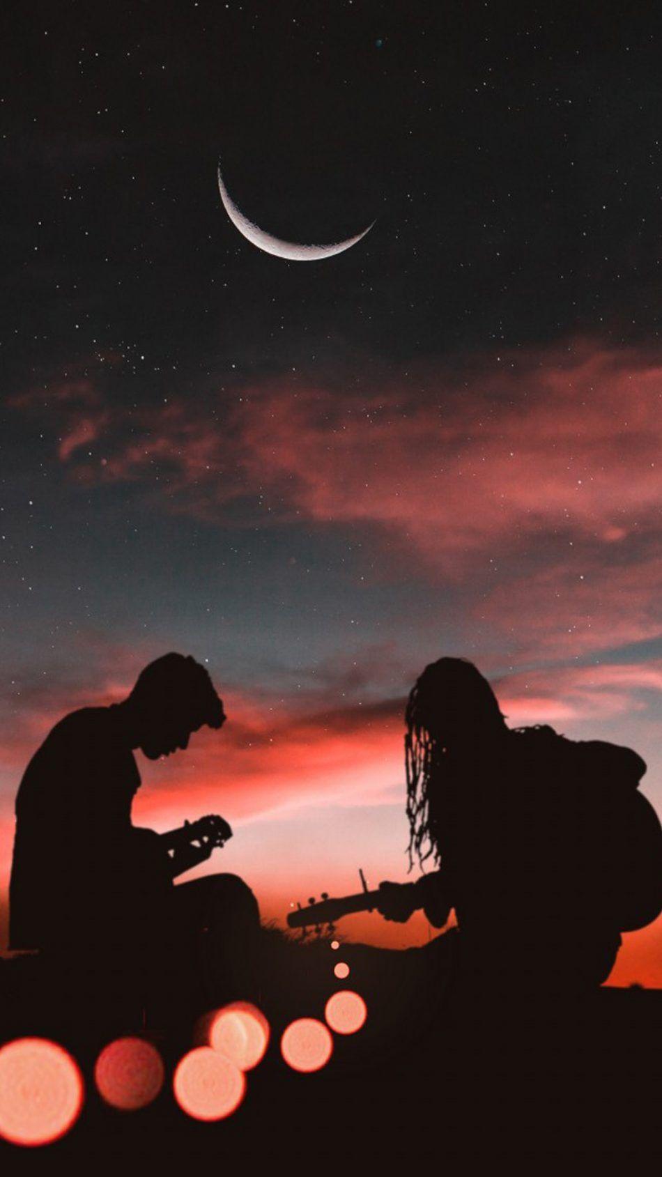 Romantic Couple Playing Guitar Sunset Half Moon