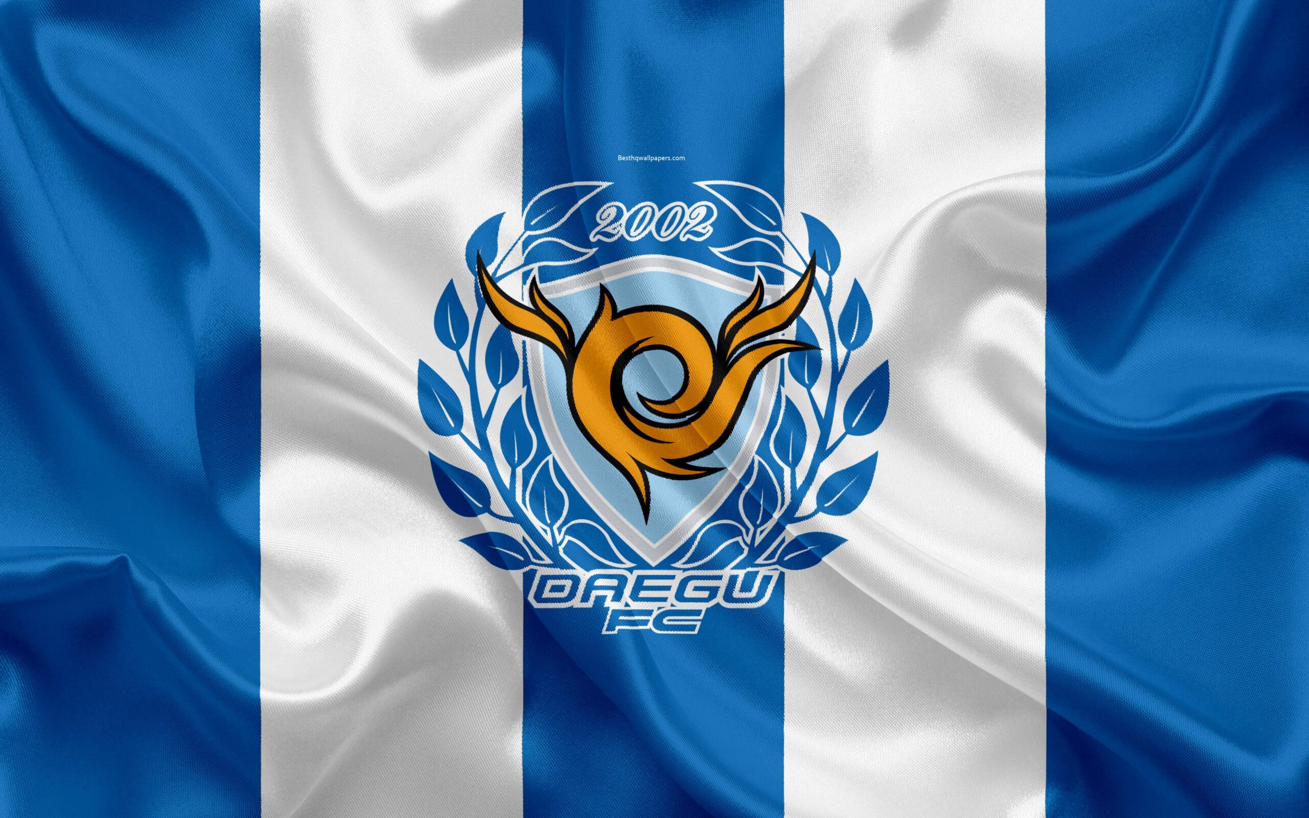 Download wallpapers Daegu FC, silk flag, 4k, logo, emblem, blue silk