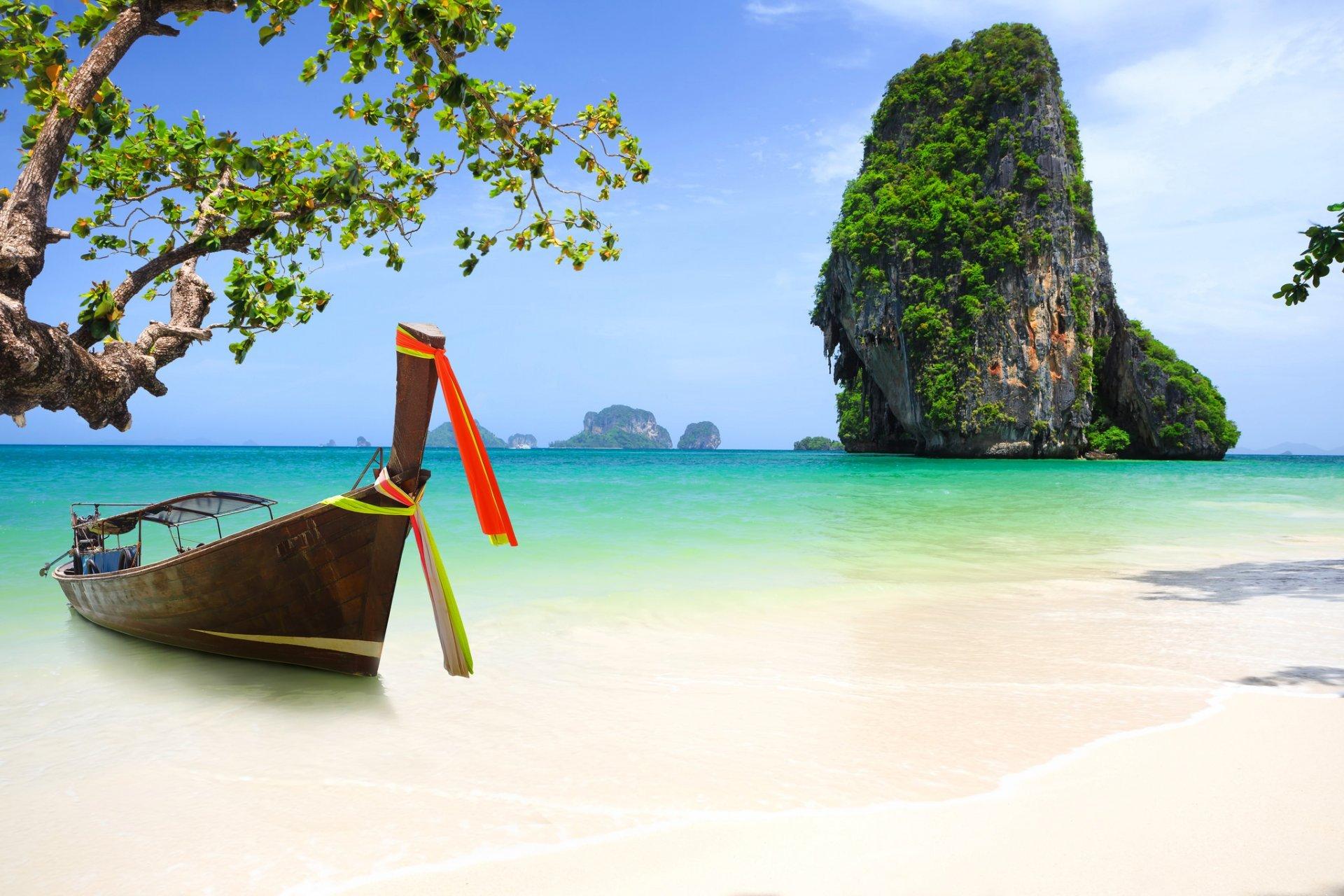 phuket thailand asia beach coast sea boat rock tree HD wallpapers