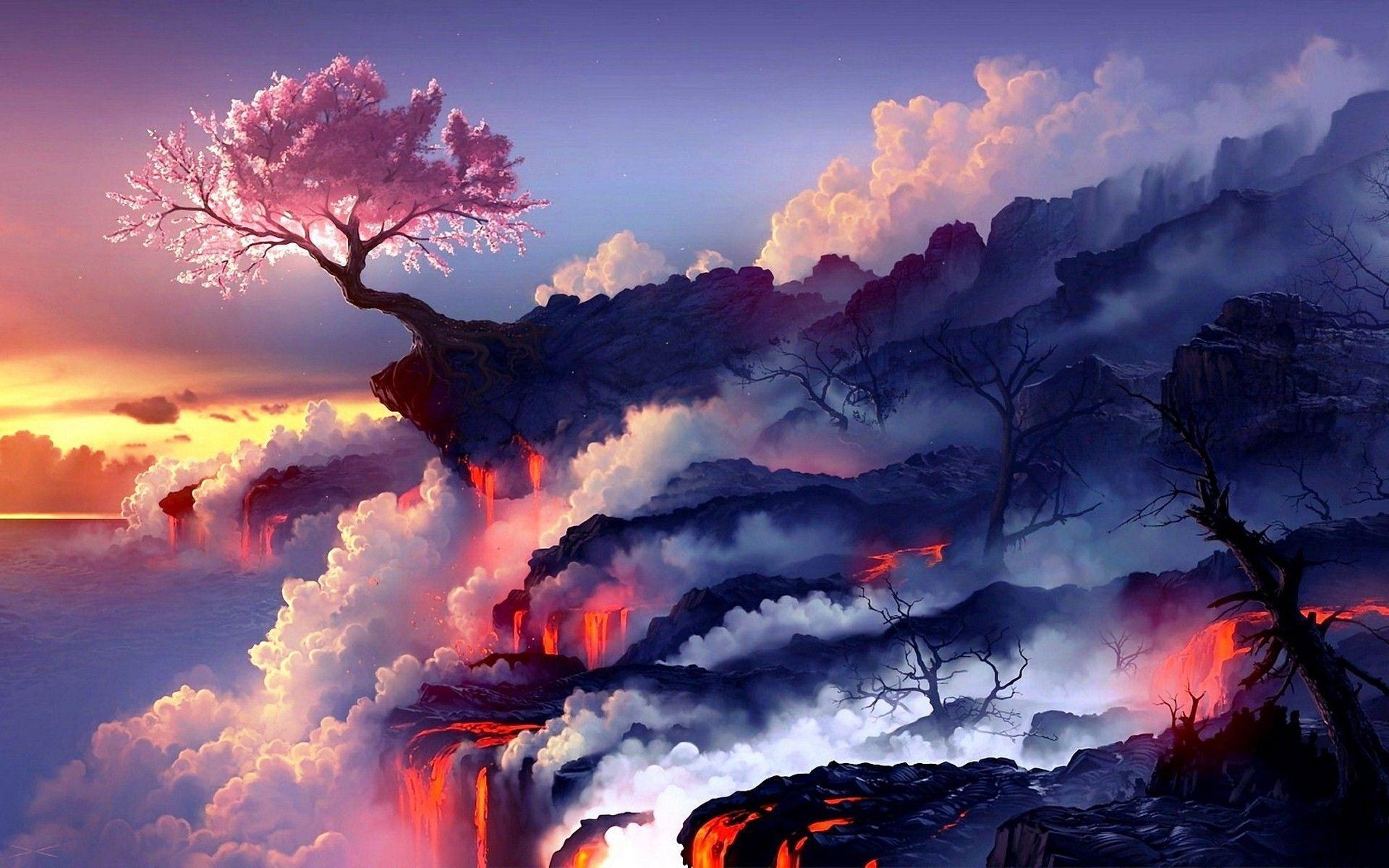 Cherry blossoms and lava : wallpapers