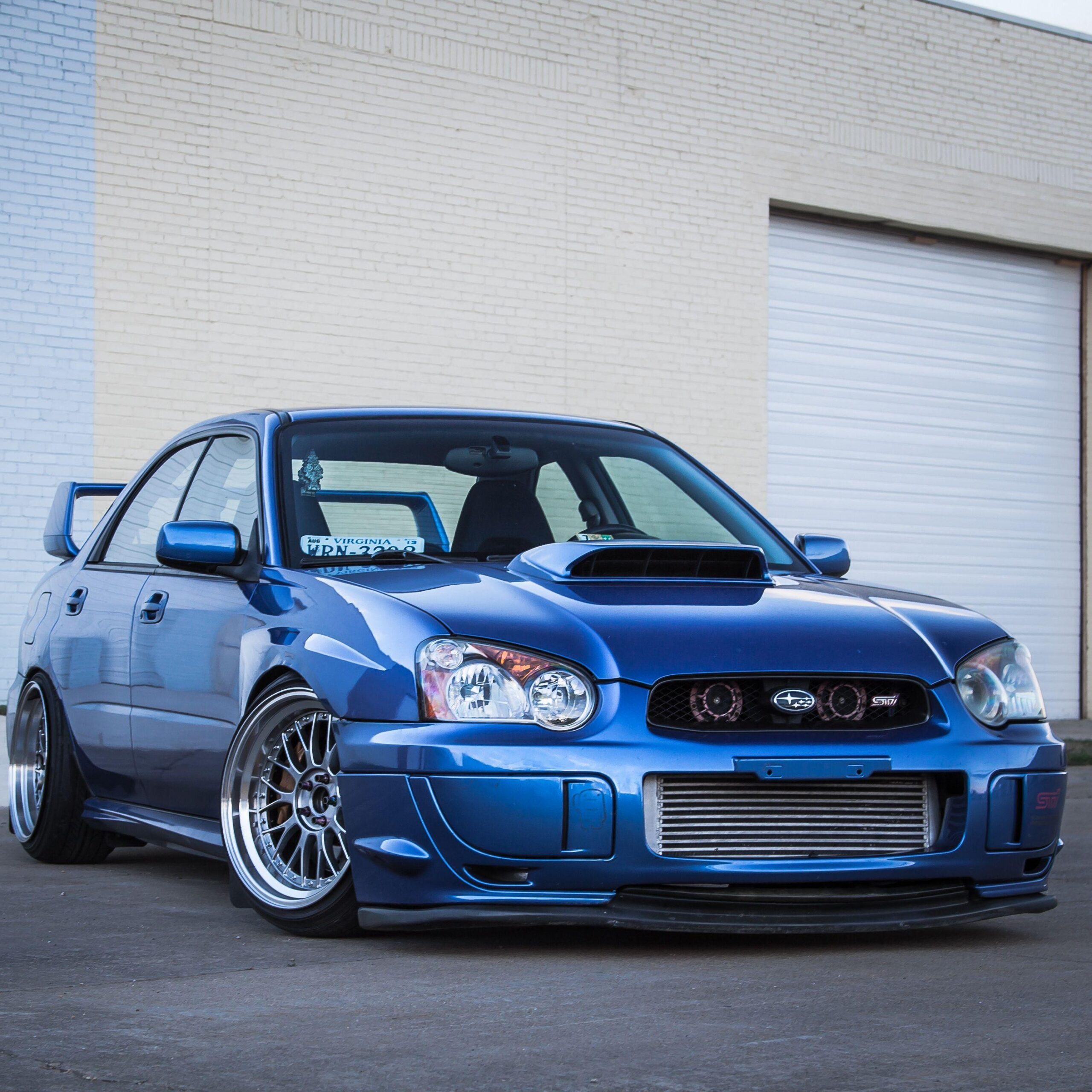 Download wallpapers subaru, impreza, wrx, sti, blue, garage