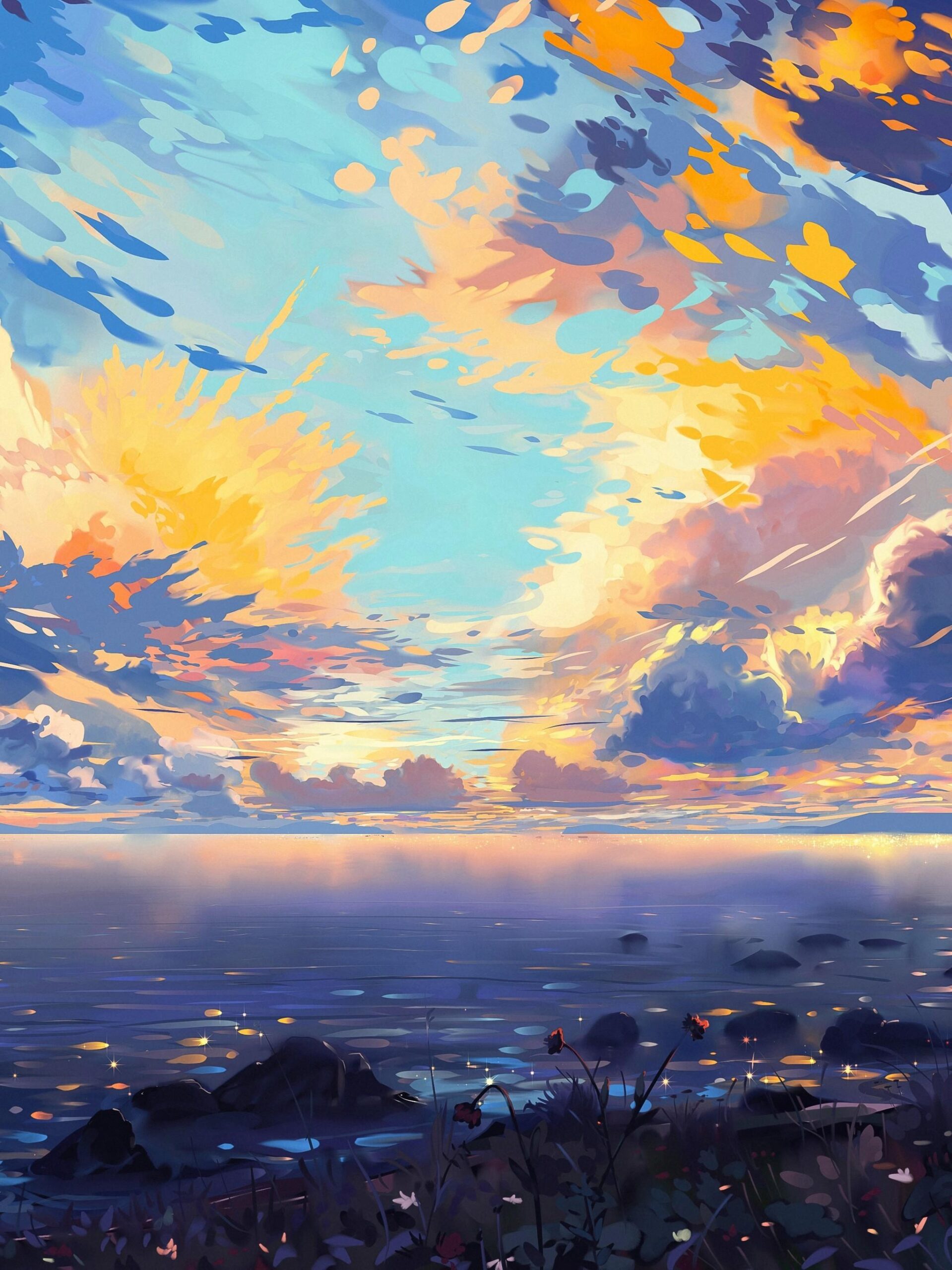 Download Anime Landscape, Sea, Ships, Colorful, Clouds