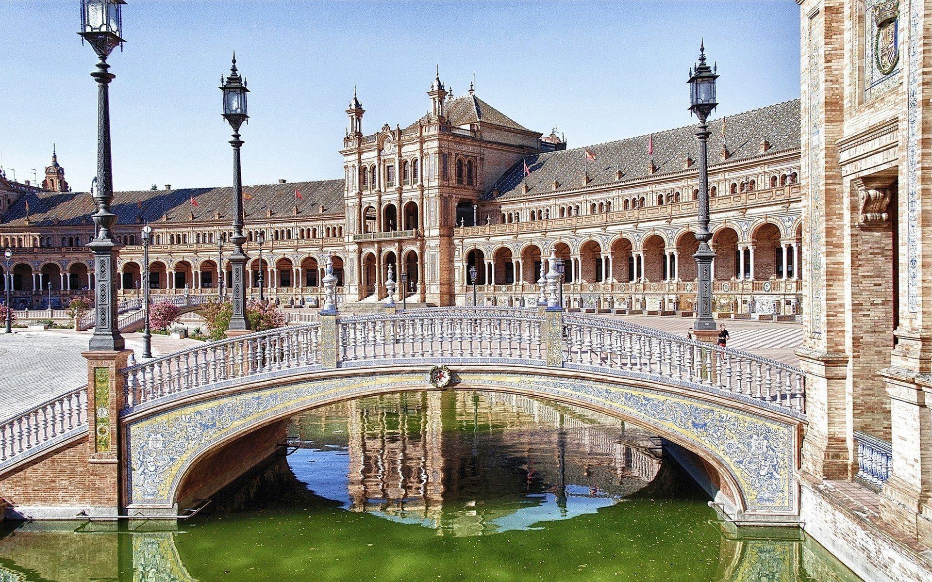 World Bridge River Europe Spain Plaza de Espana Seville wallpapers