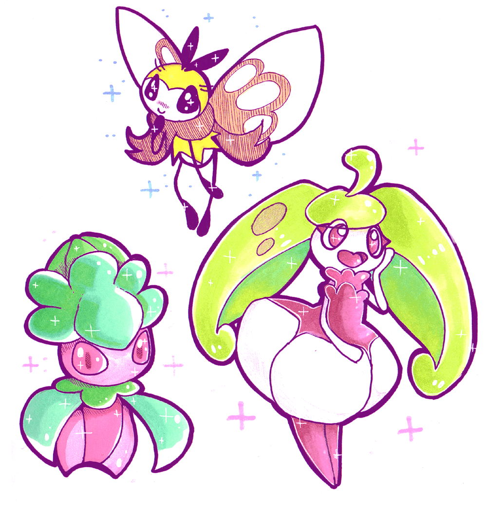 Fomantis, Ribombee, and Steenee