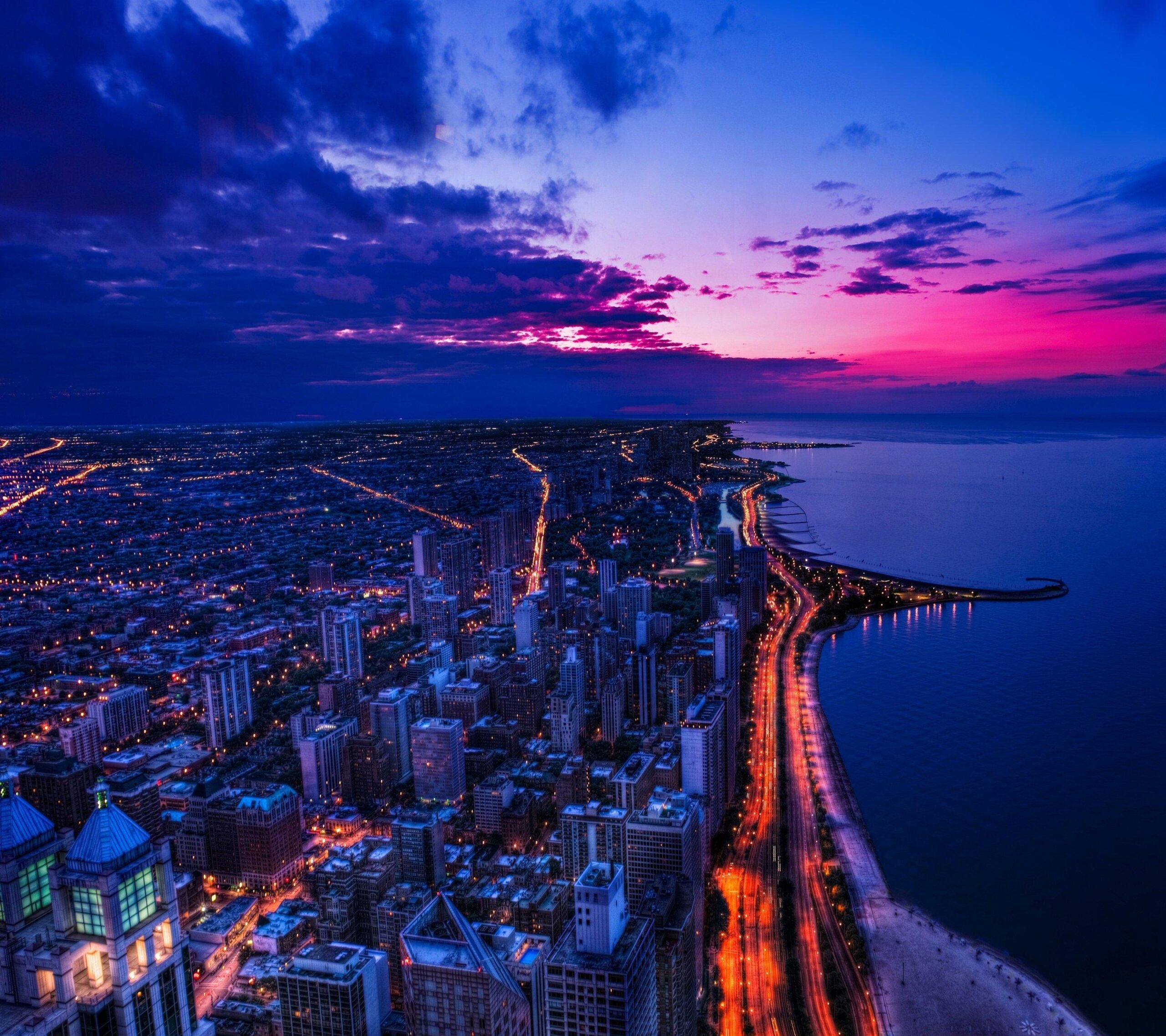 Download Usa, Chicago, Sunset, Cityscape, Road, Lights