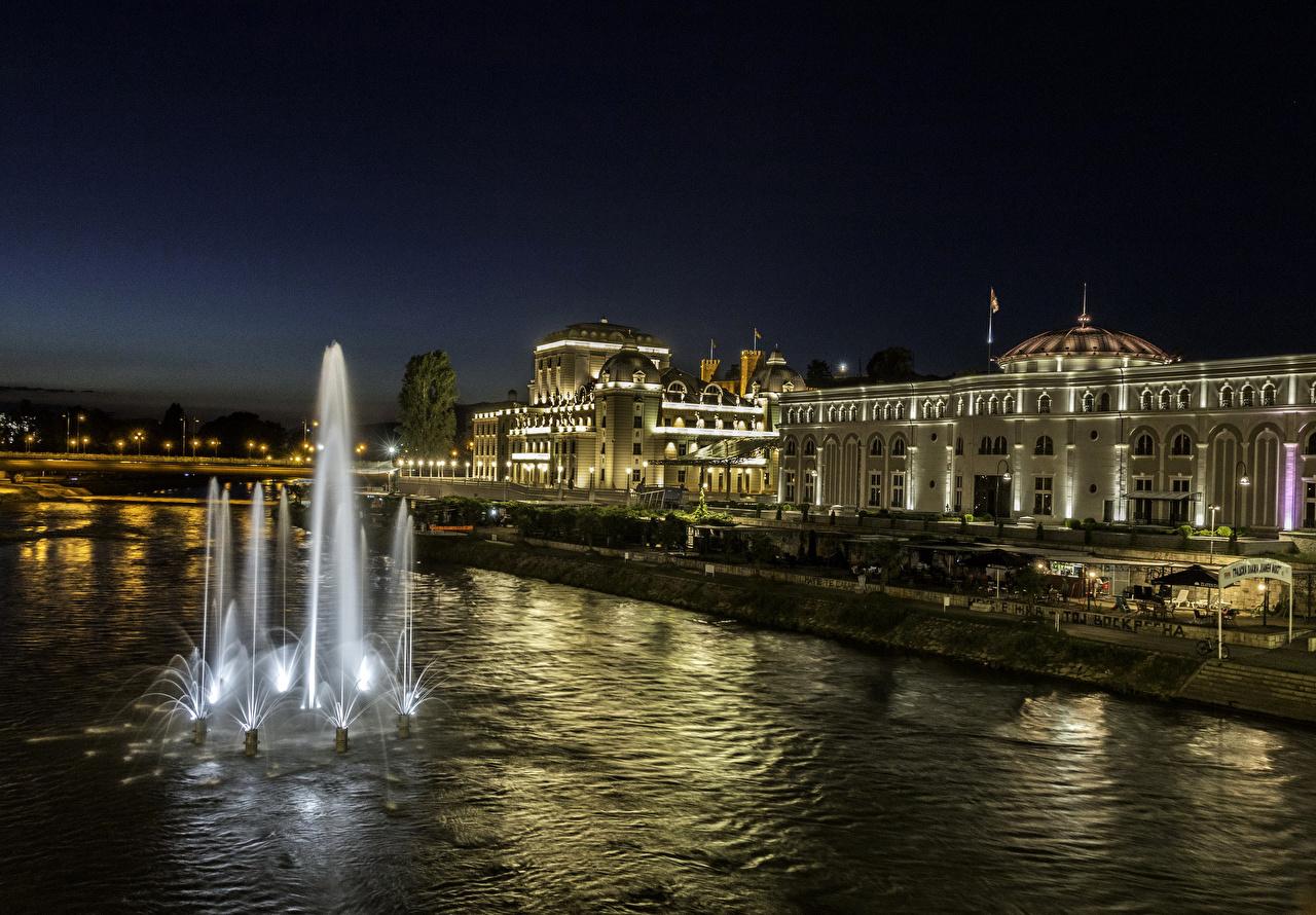 Photos Fountains Skopje Macedonia night time Cities Houses