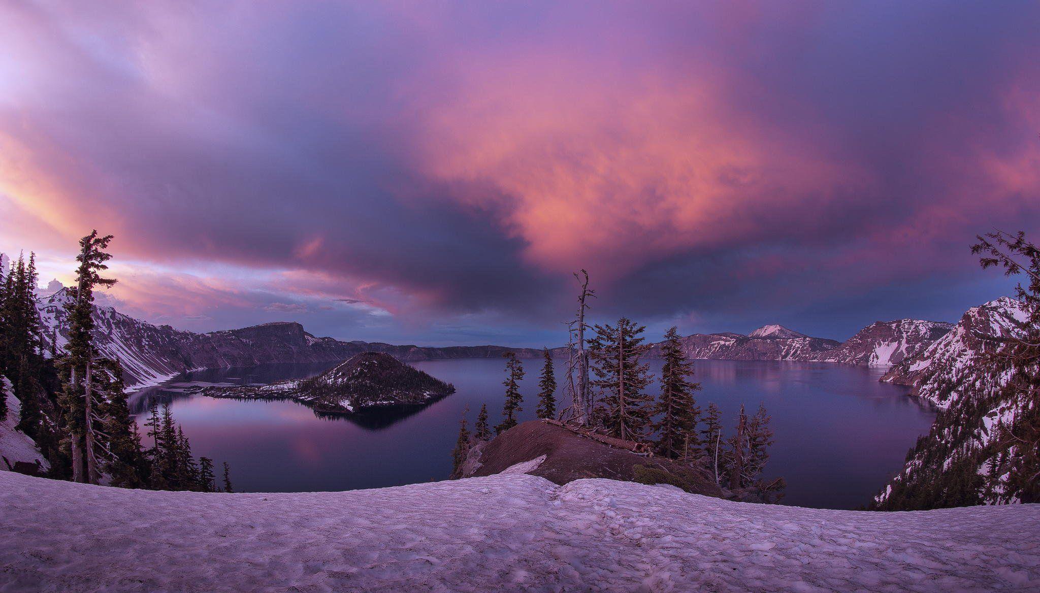 lake island crater winter snow sunset crater lake national park