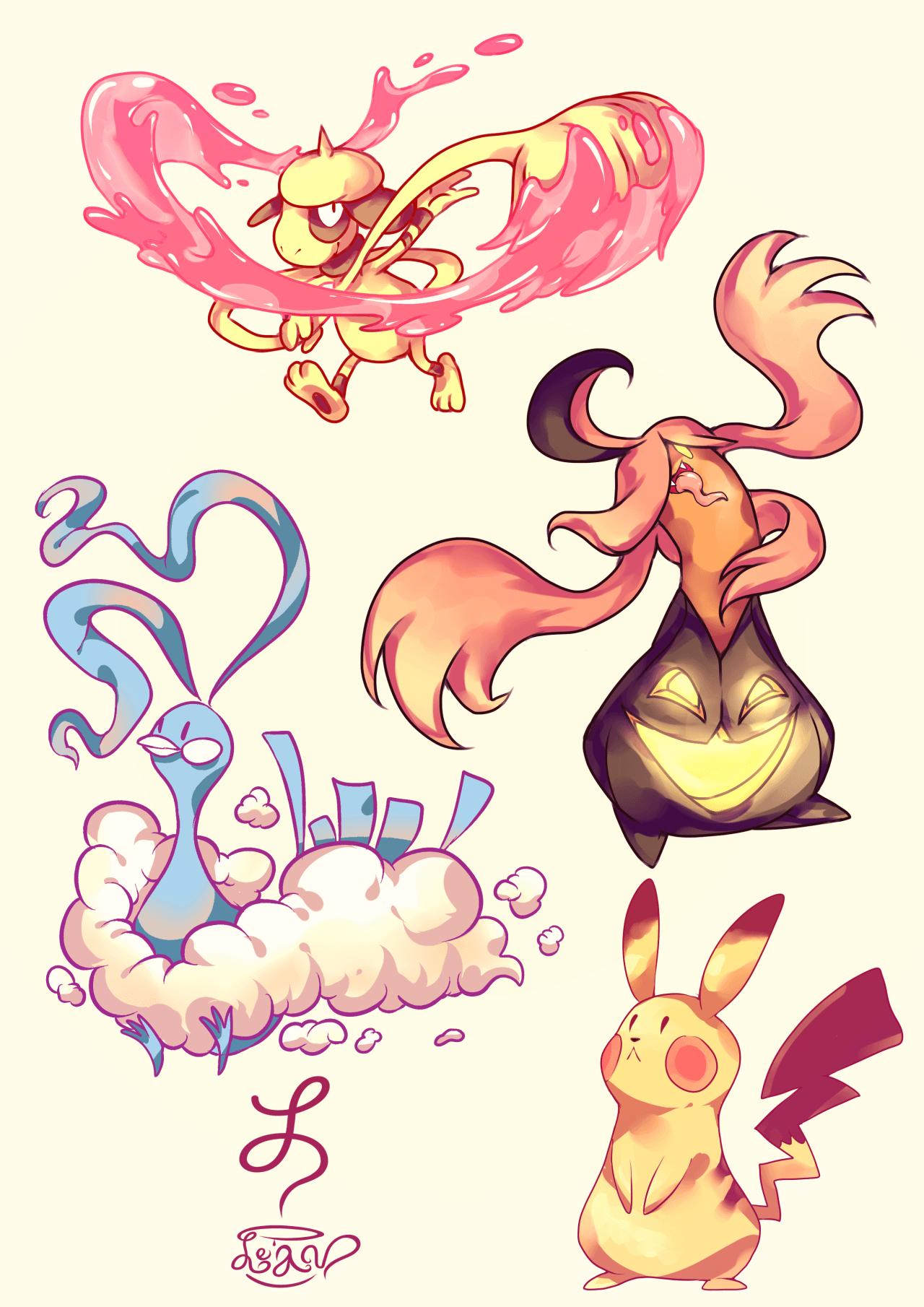 Smeargle, Altaria, Gourgeist, and Pikachu